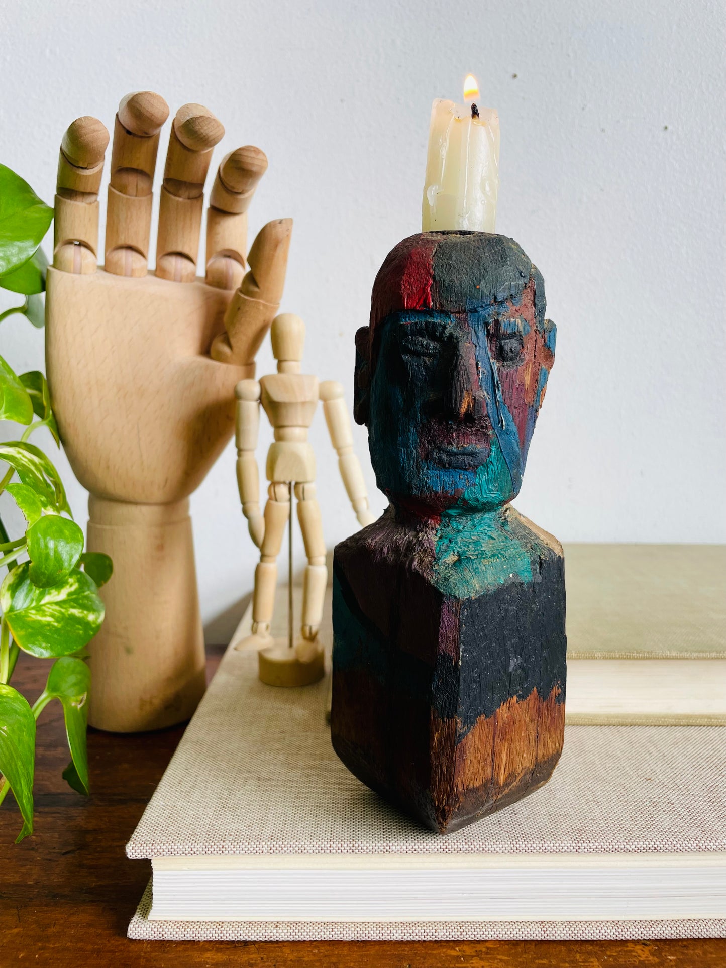 Vintage Hand Carved & Painted Wood Sculptural Head Figure Candle Holder - Found in the Workshop of Fort Erie Artist Estate