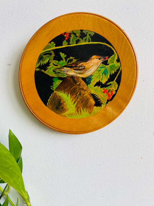 Vintage Round Original Art Painting of Bird in Foliage with Berries on Wood