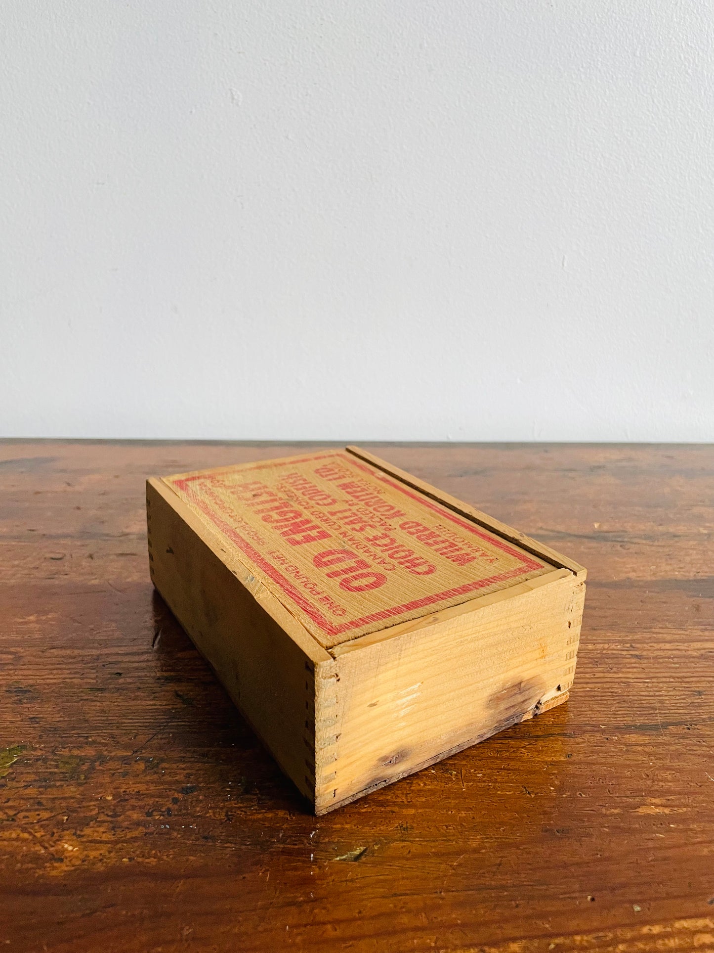 Old English Choice Salt Codfish Wood Box with Sliding Lid - One Pound Net - Packed by Wilfred Koritem Ltd. Yarmouth Nova Scotia