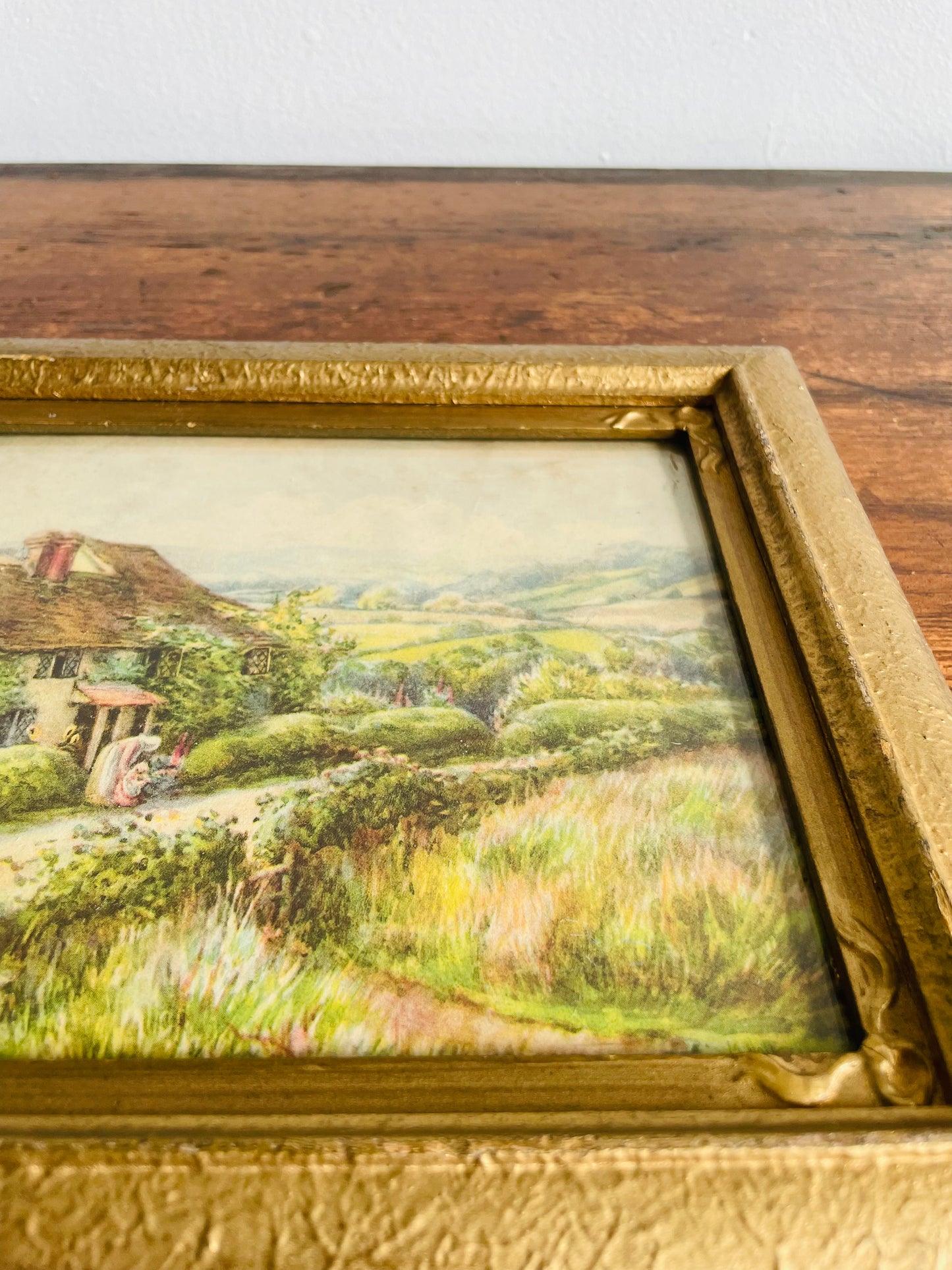 Framed Country Cottage Scene Print with Thatched Roof House, Woman & Child