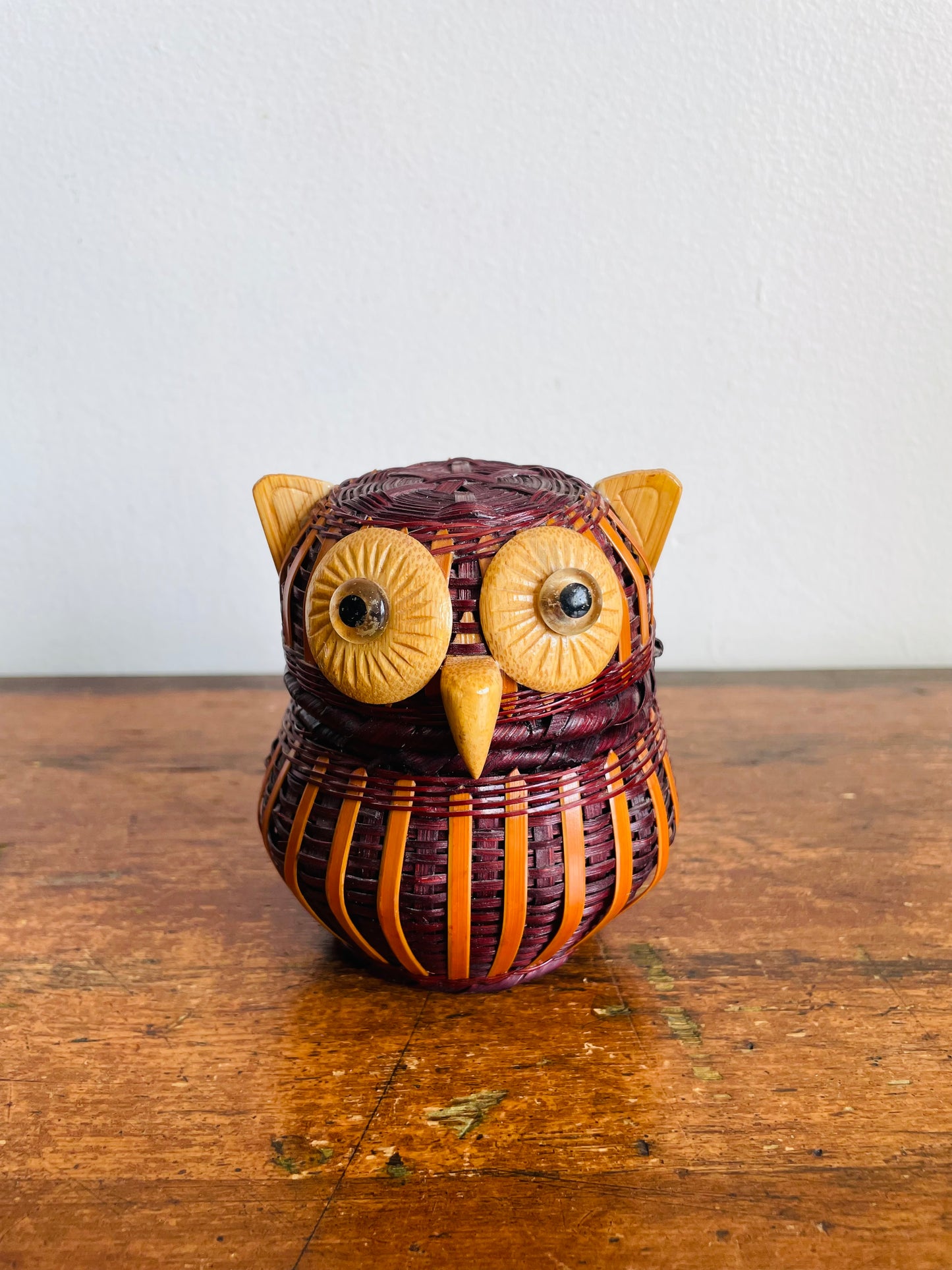 Vintage Mid-Century Modern Woven Wicker Wood Owl Basket Box Container with Lid