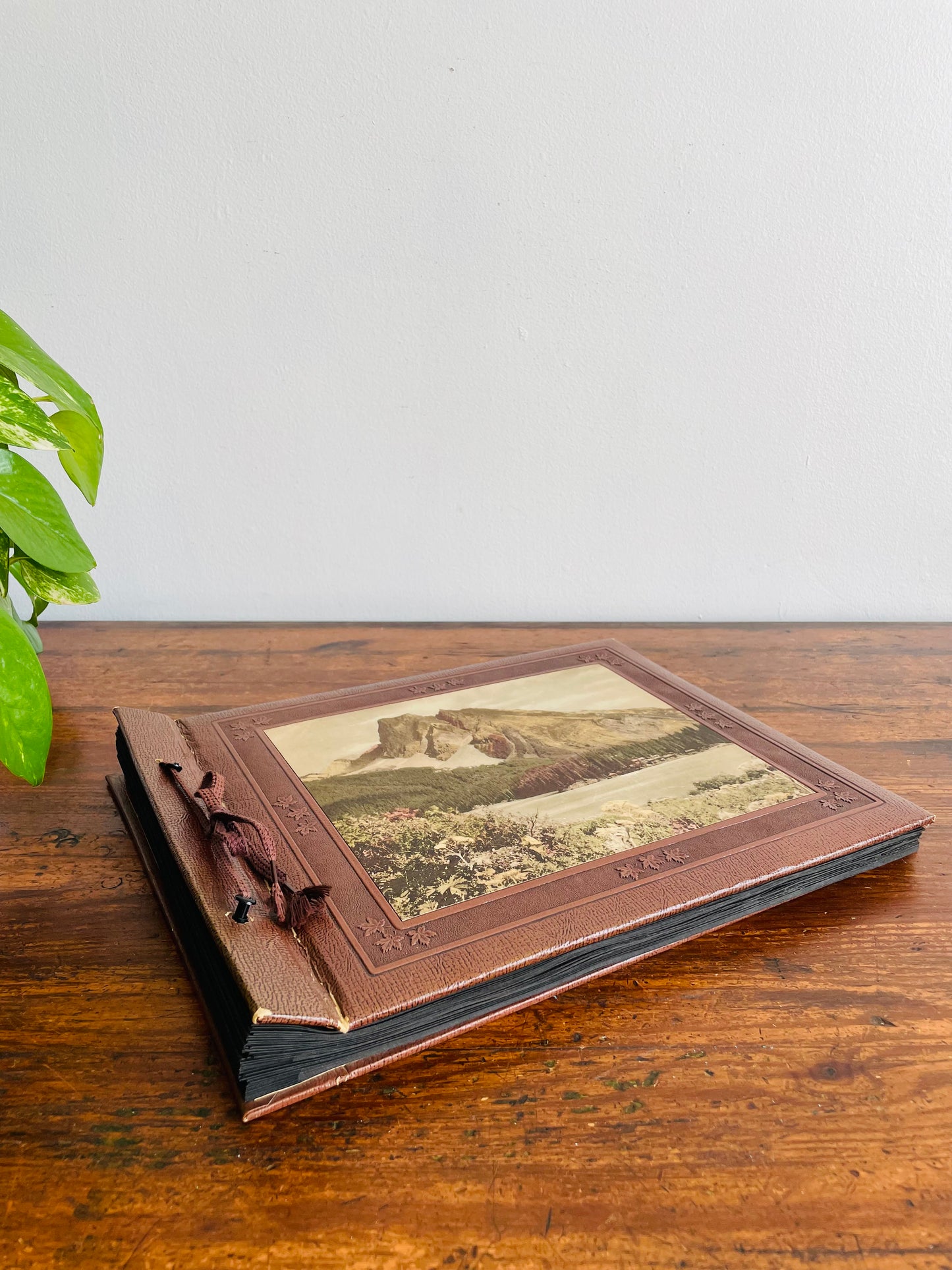 Antique Photo Album or Scrapbook - Brown with Embossed Maple Leaves & Landscape Photo of Mountain with Cabins - Black Pages - Empty