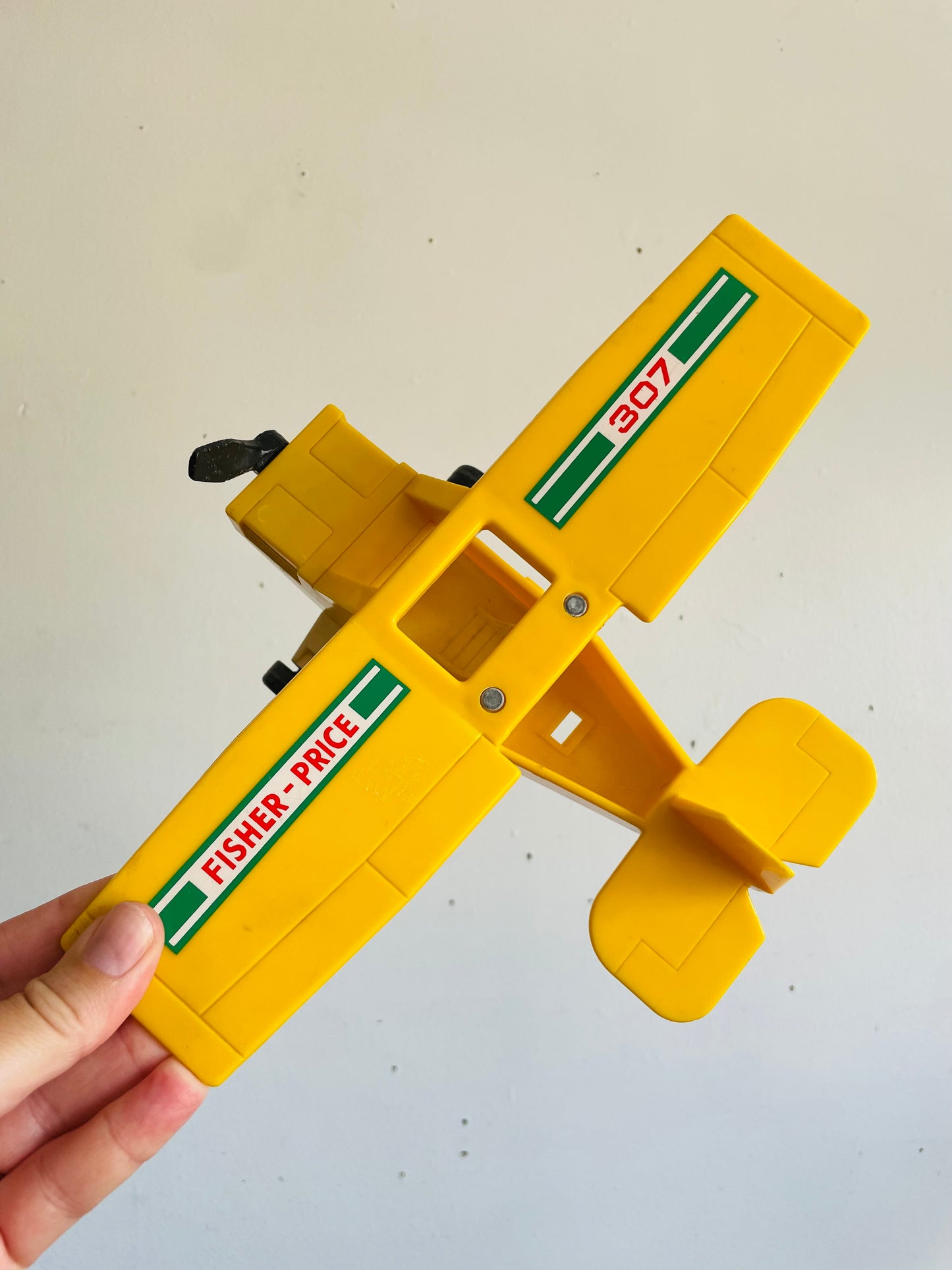 Vintage 1976 Fisher Price Toys 307 Bright Yellow Airplane Vehicle Toy - Propeller & Wheels Spin