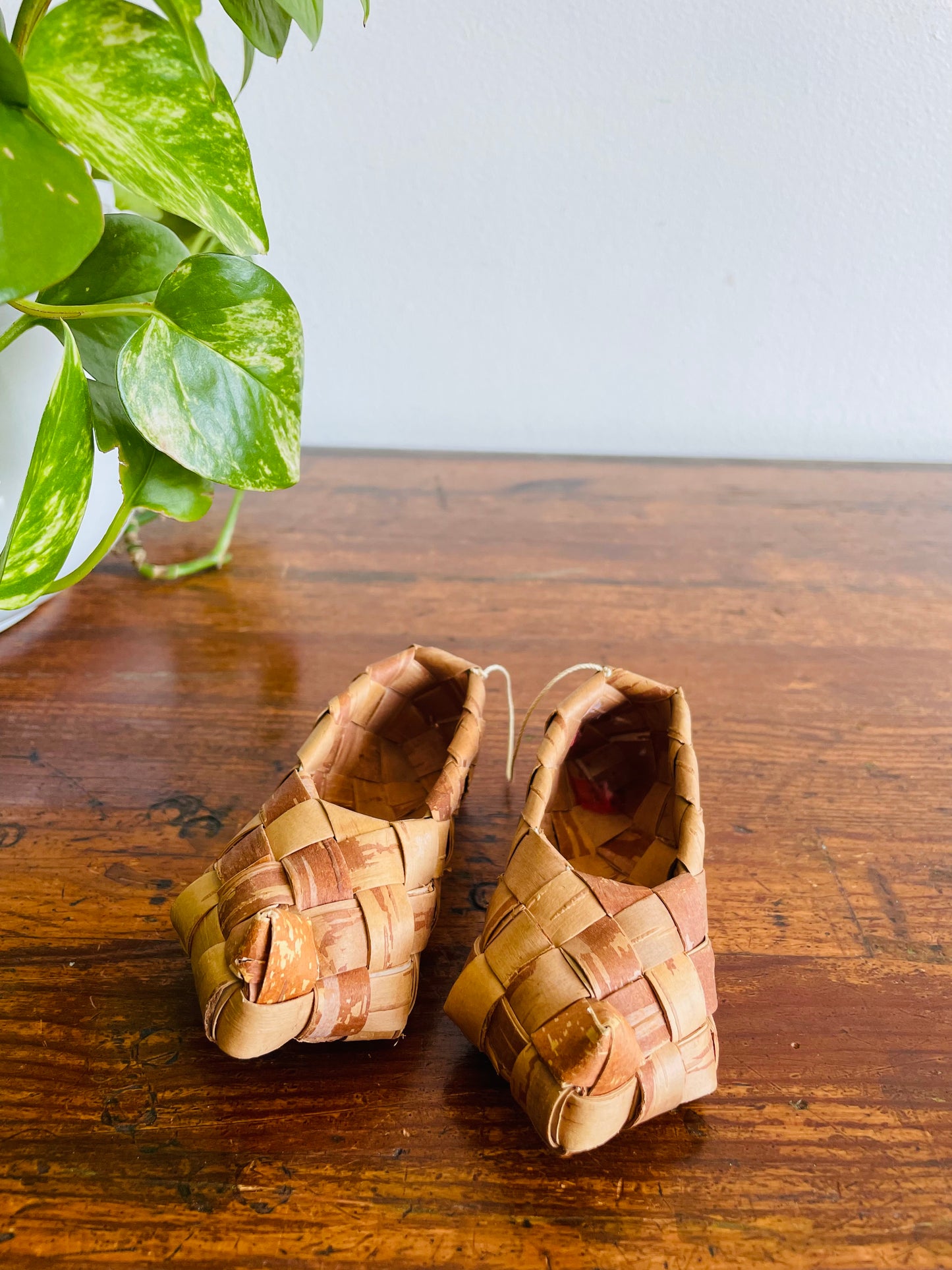 Finnish Birch Bark Woven Wood Shoes # 2 - Set of 2 Hanging on Rope