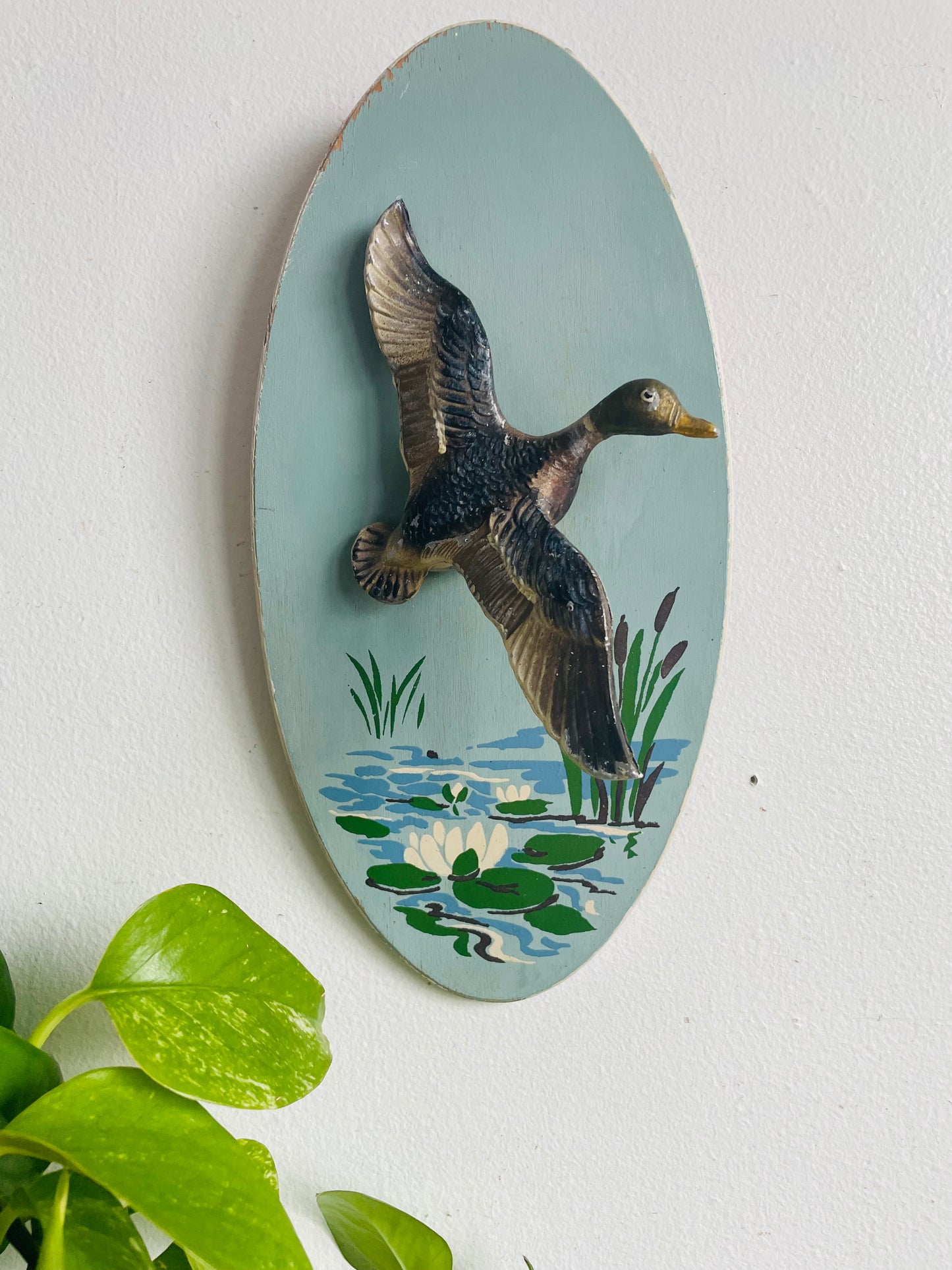 Vintage Hand Painted Oval Wall Plaque Picture with 3D Metal Mallard Duck in Flight