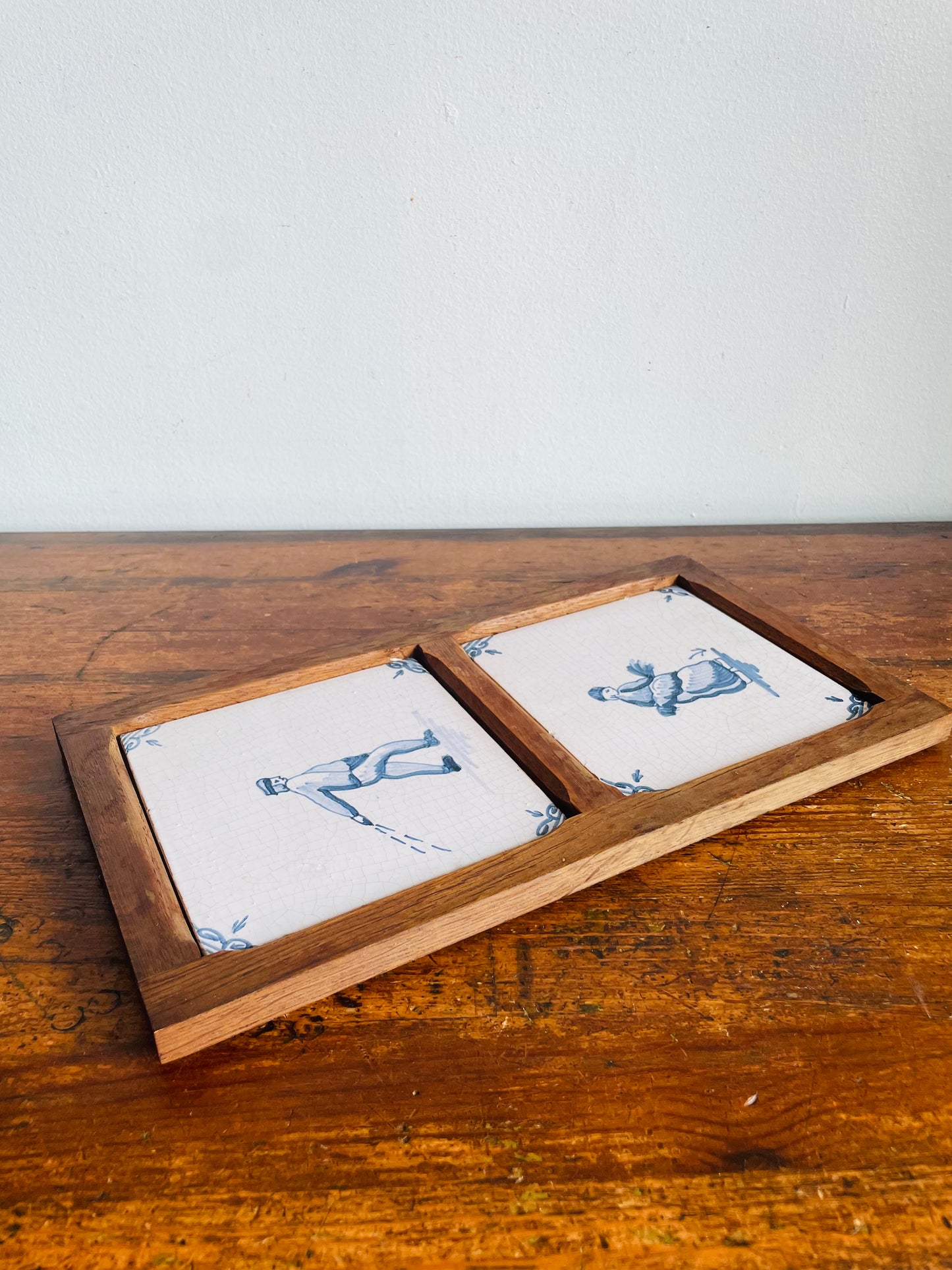 Vintage Framed in Wood Dutch Tiles with Blue & White Farming / Farmer Scenes