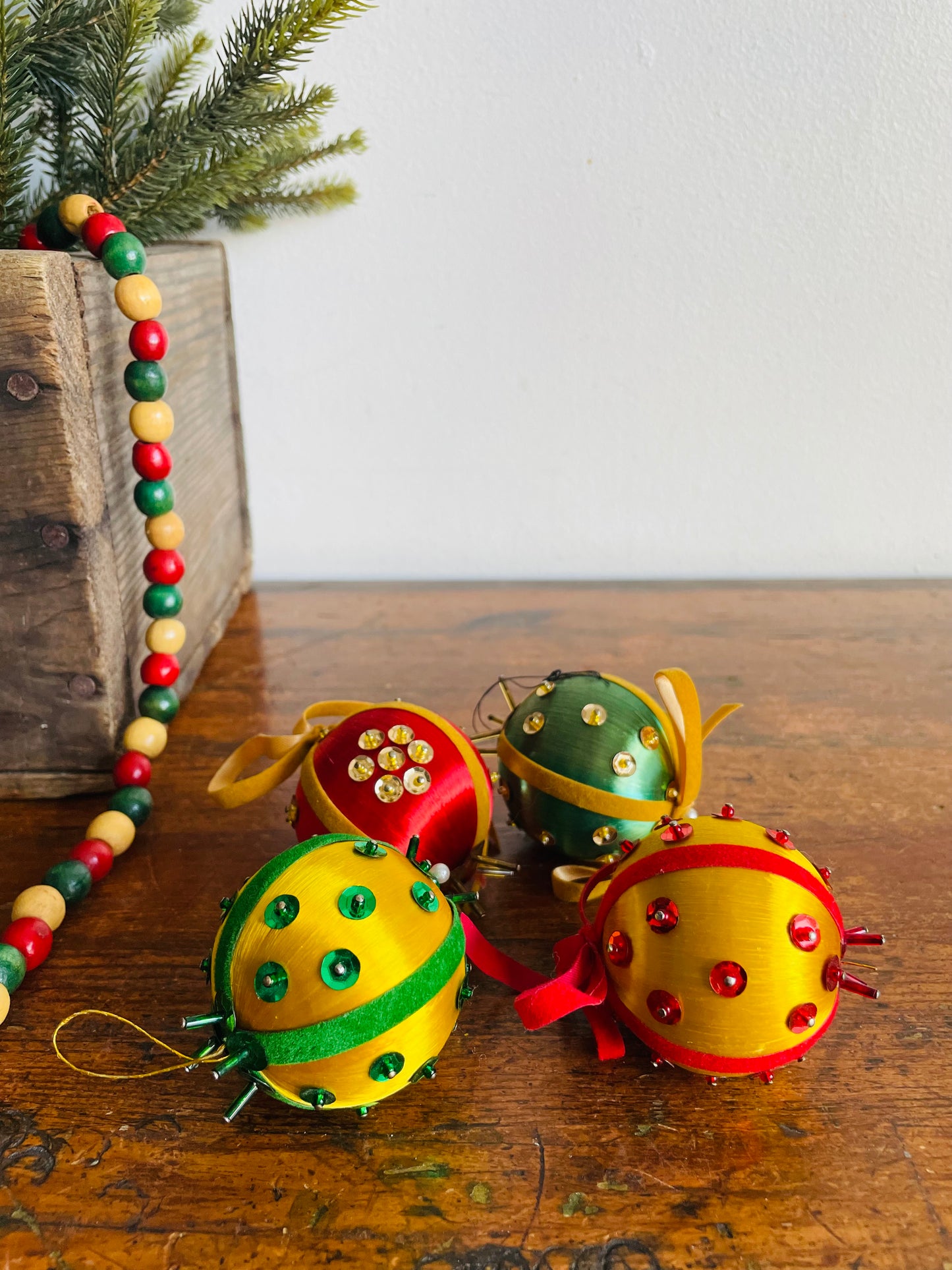 Vintage Collection of Handmade String Wrapped Beaded Sequined Push Pin Christmas Ornaments with Velvet Ribbon - Set of 4
