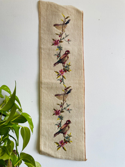 Long Needlepoint Embroidery Panel of Birds & Flowers