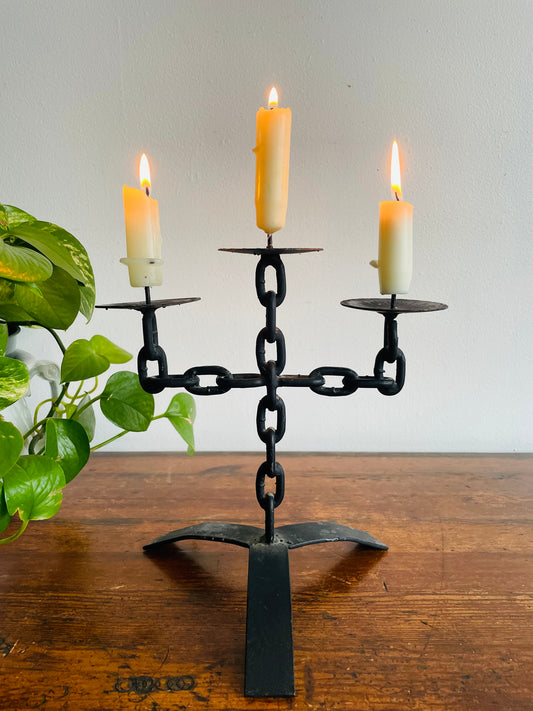 Brutalist Wrought Iron Chain Link Candelabra Candle Holder