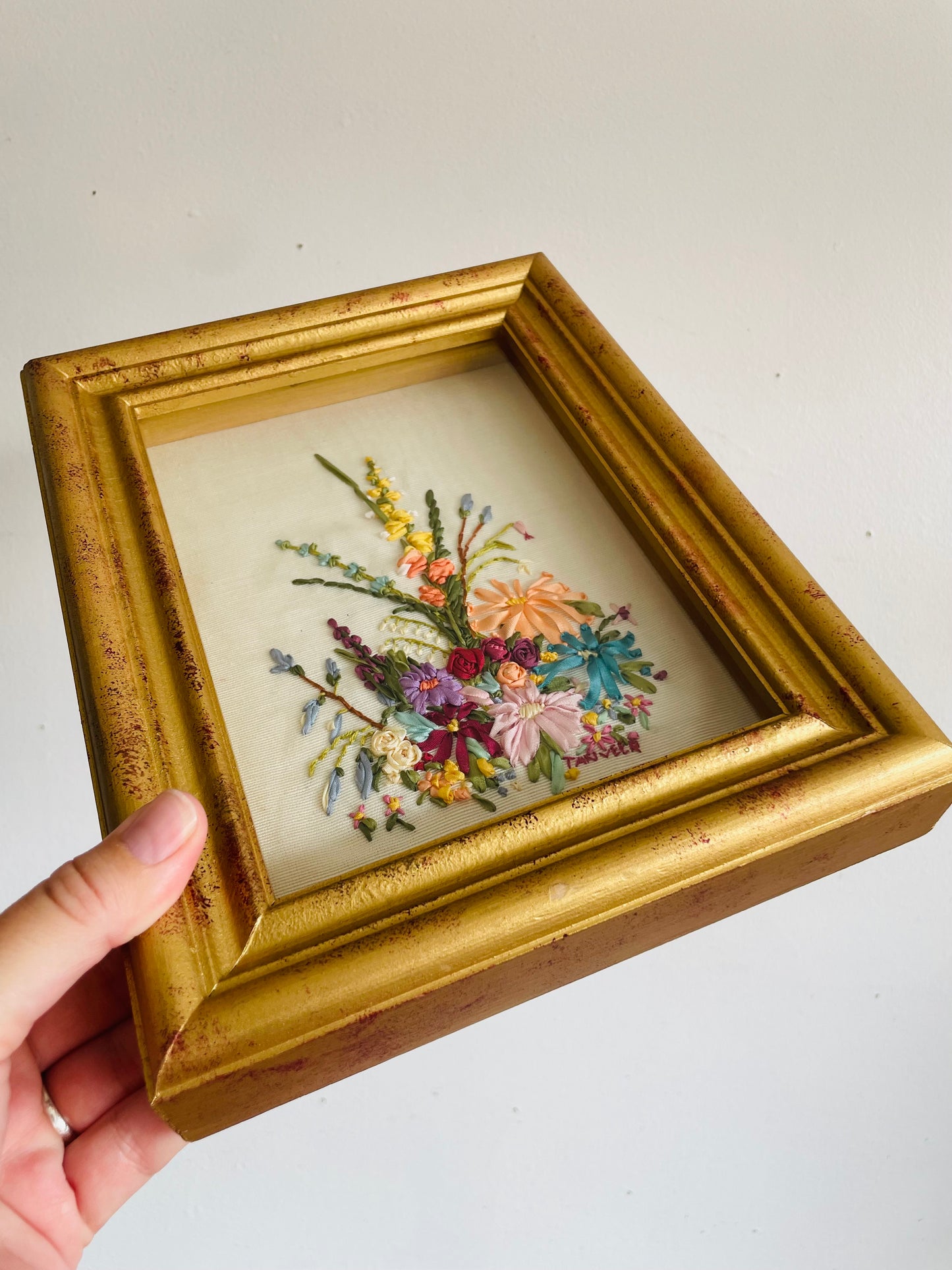 Vintage Needlepoint Crewel Silk Ribbon Embroidery Picture of Flowers in Gold Shadowbox Frame