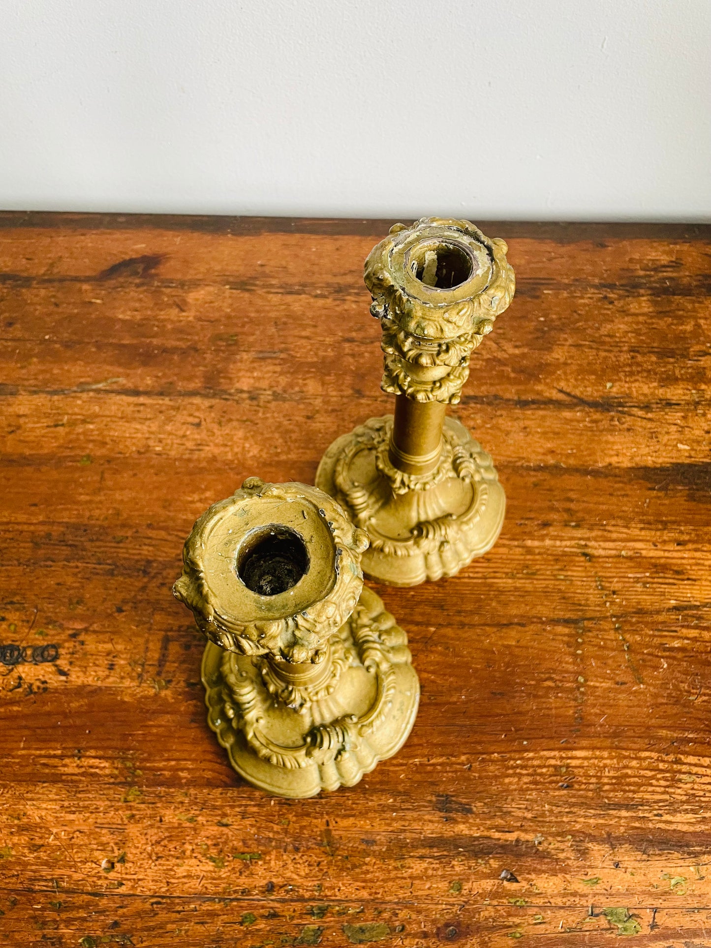 Vintage / Possibly Antique Iron Candle Holders with Plaster & Gold Finish - Very Sturdy & Solid - Set of 2
