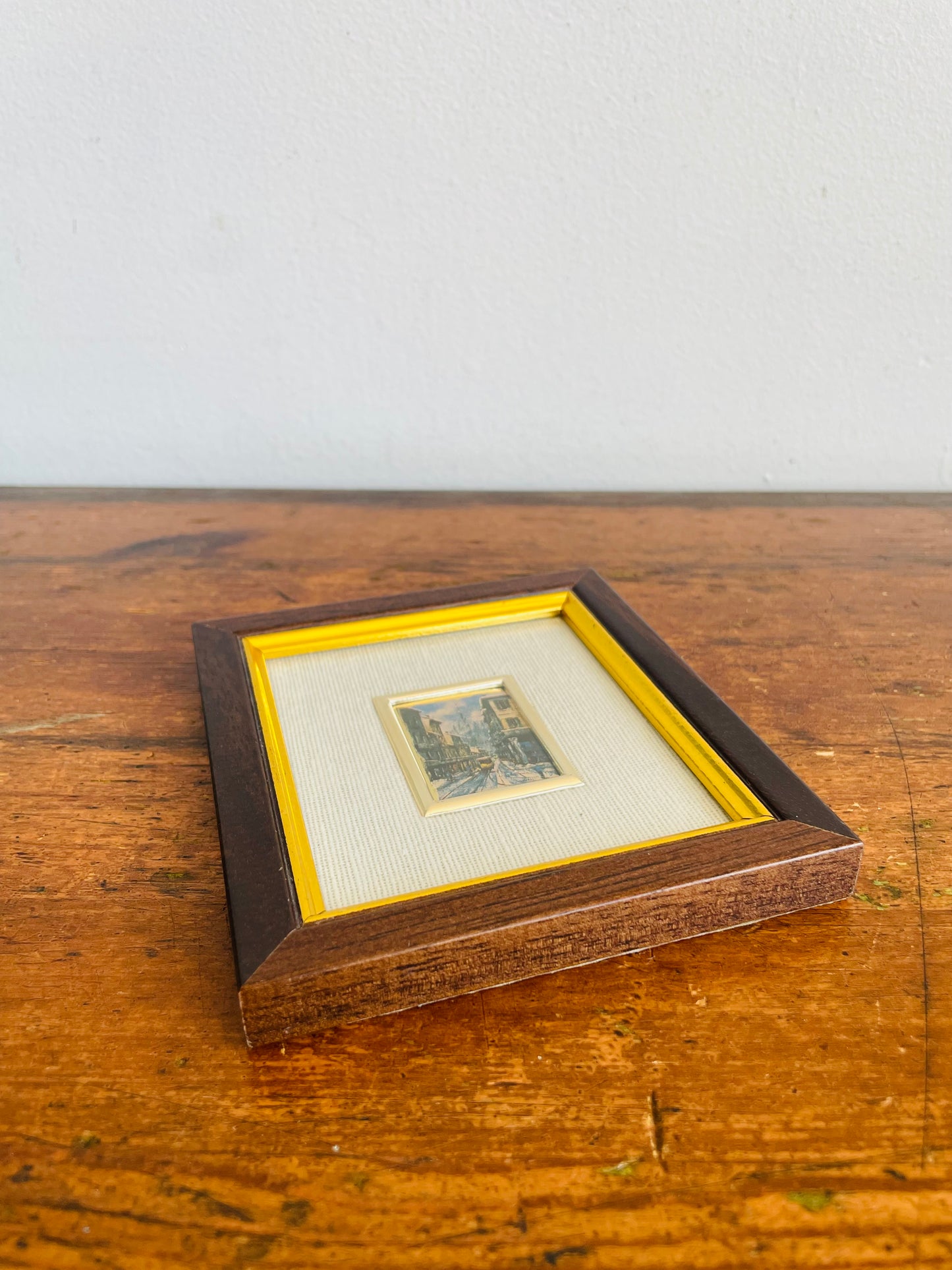 Vintage Italian Hand-Pressed Lithography on Gold Leaf Picture with European City Scene