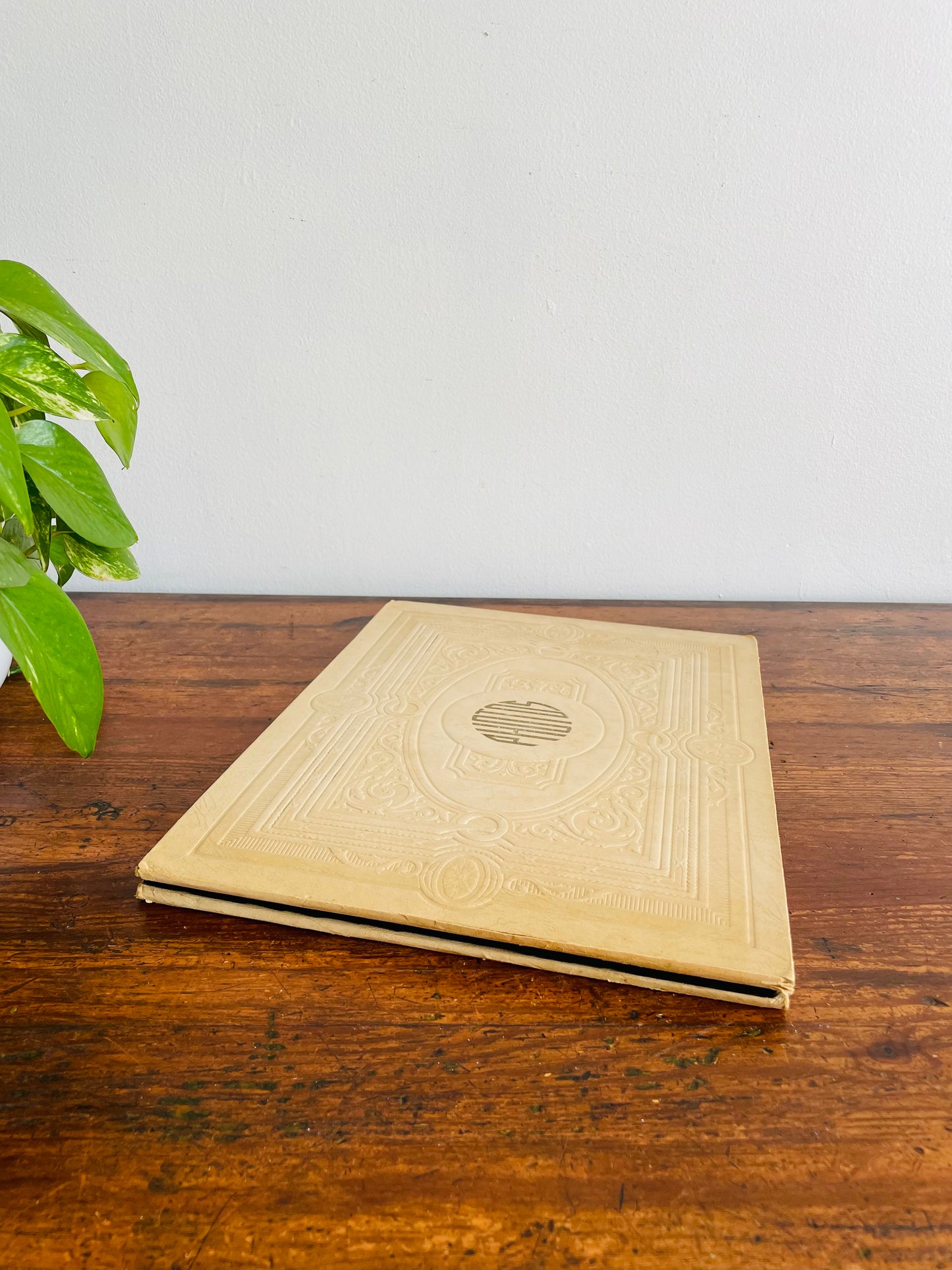 Antique Photo Album or Scrapbook - Cream with Embossed Design - Black Pages - Empty