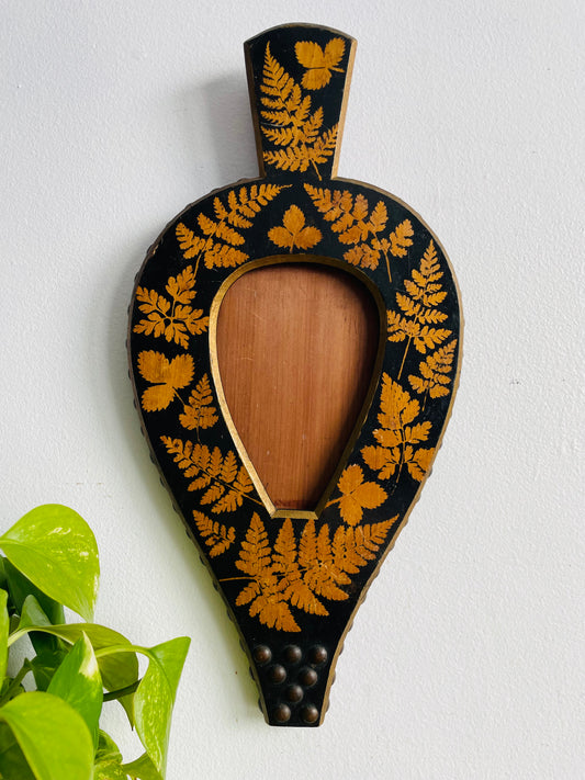 Vintage Handmade & Unique Hanging Wood Picture Frame with Brass Details & Botanical Fern Print - Repurposed Fireplace Bellows? The Most Interesting Frame I've Ever Seen!
