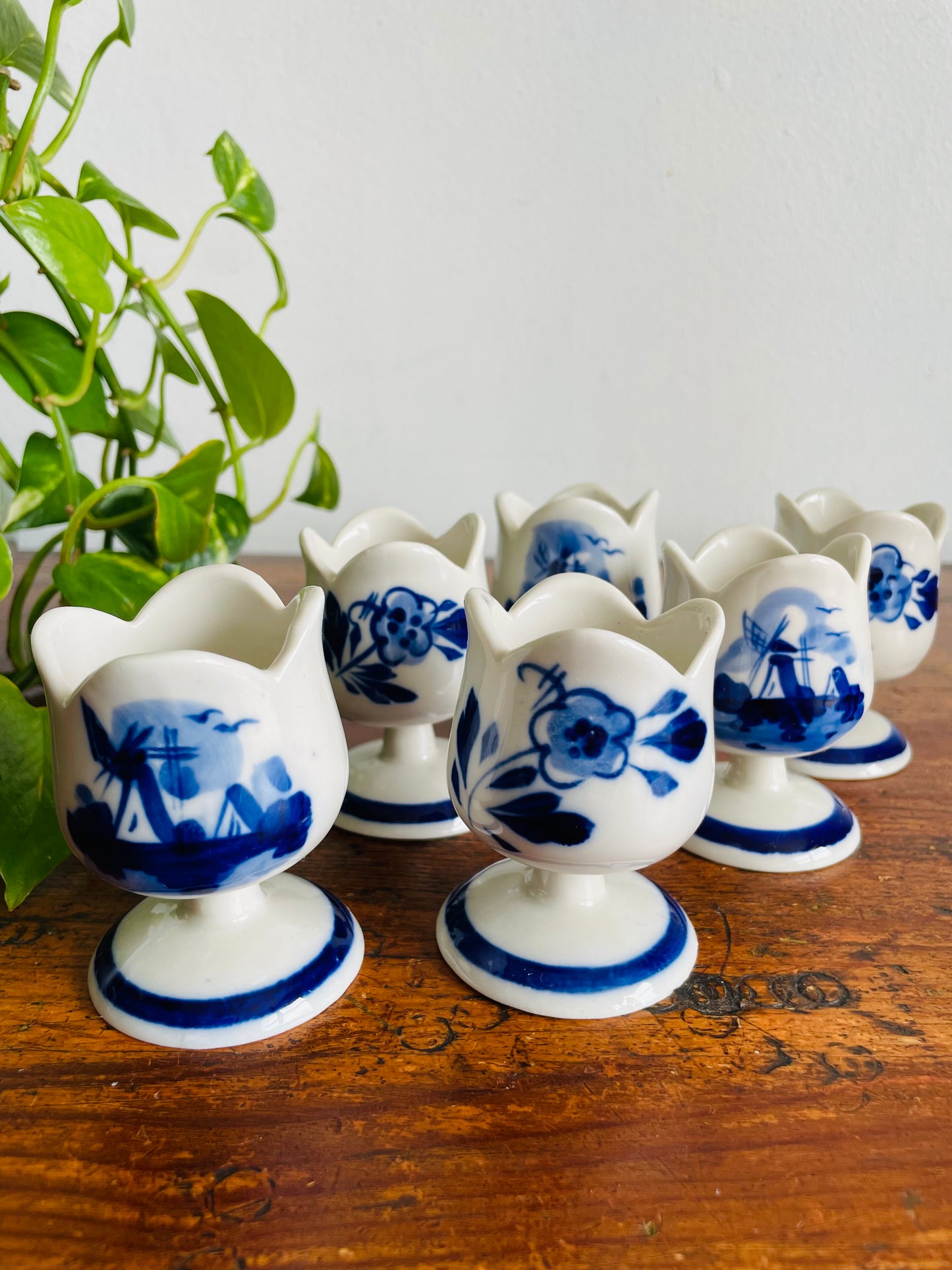 Vintage Hand Painted Delft Blue Tulip Shaped Egg Cup Holders with Flower & Windmill Design - Set of 6