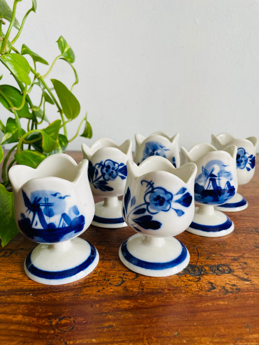 Vintage Hand Painted Delft Blue Tulip Shaped Egg Cup Holders with Flower & Windmill Design - Set of 6