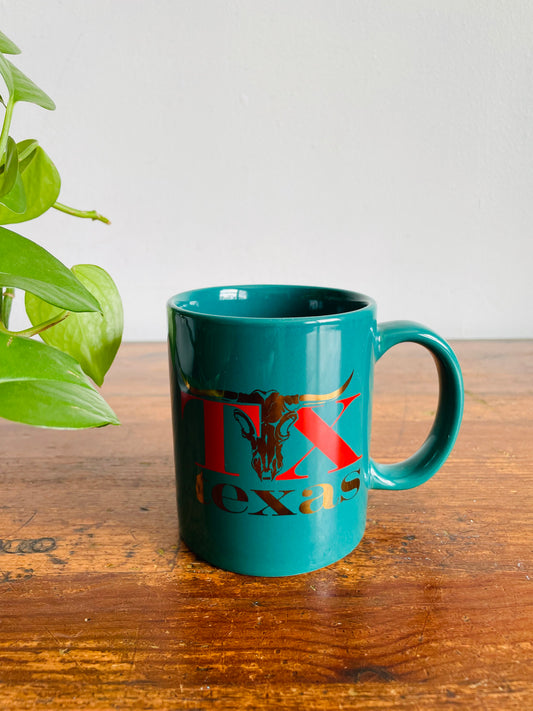 Green Texas Mug with Gold Longhorn Cow Graphic