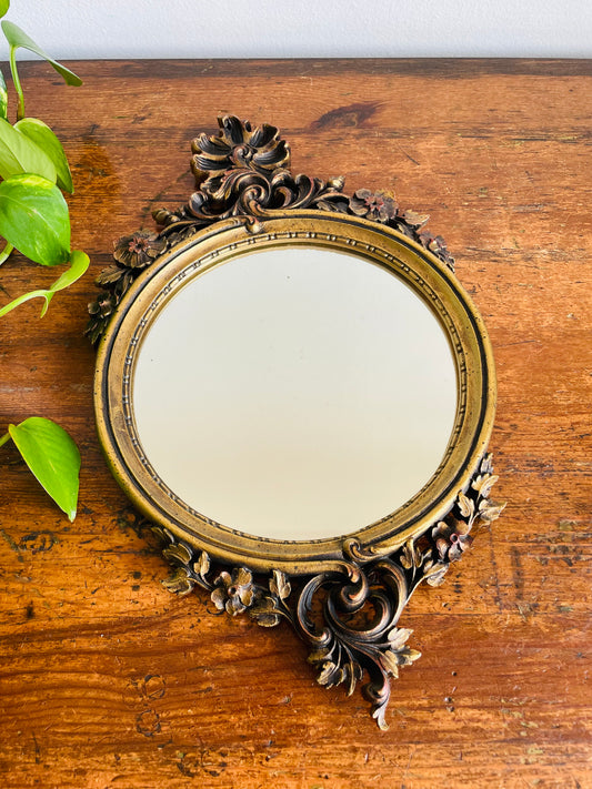 Vintage Round Gold Ornate Baroque Style 6.5" Mirror with Leaf & Floral Design - Starting to Desilver