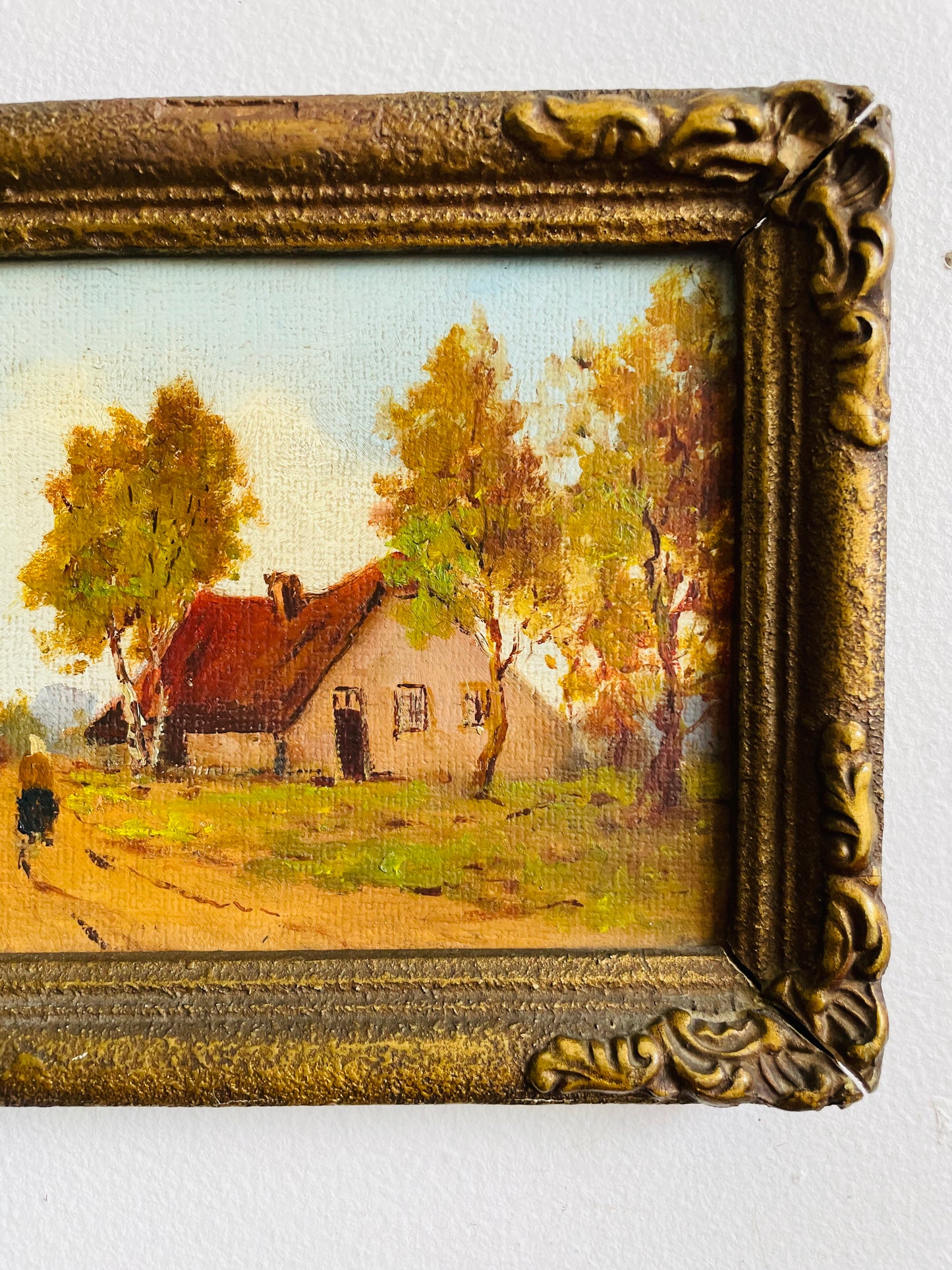 Vintage Original Art Painting in Gold Frame - European Rural Countryside Scene with Houses & Woman Walking Down Lane - Artist Signed