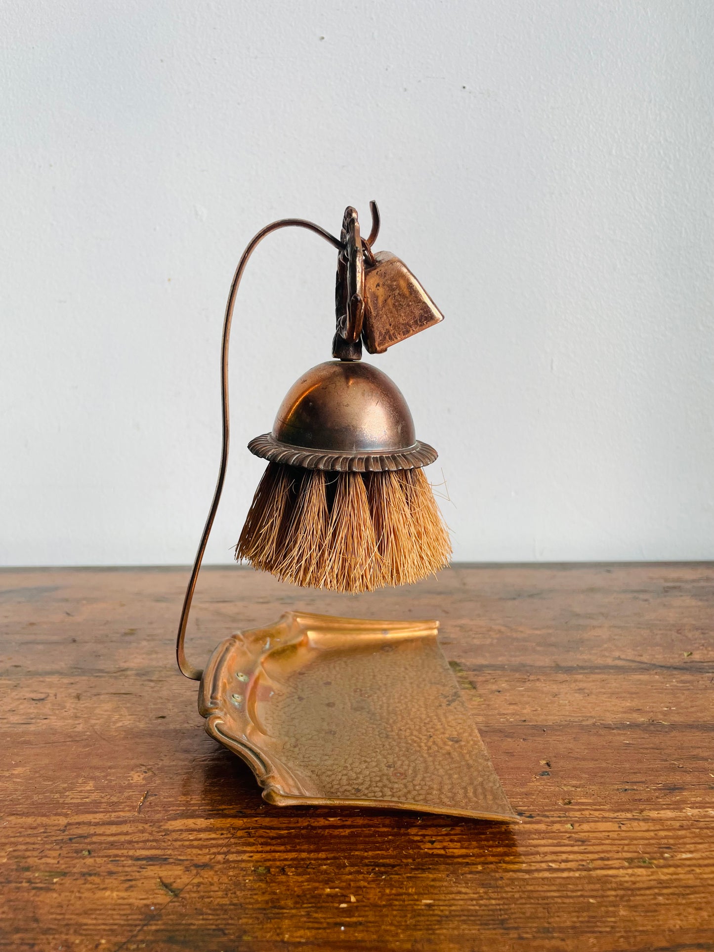 Antique Copper Silent Butler Crumb Catcher Dustpan with Hook Hanger, Brush & Bell - Set of 3 Pieces - Celtic Quality Plate - Made in England