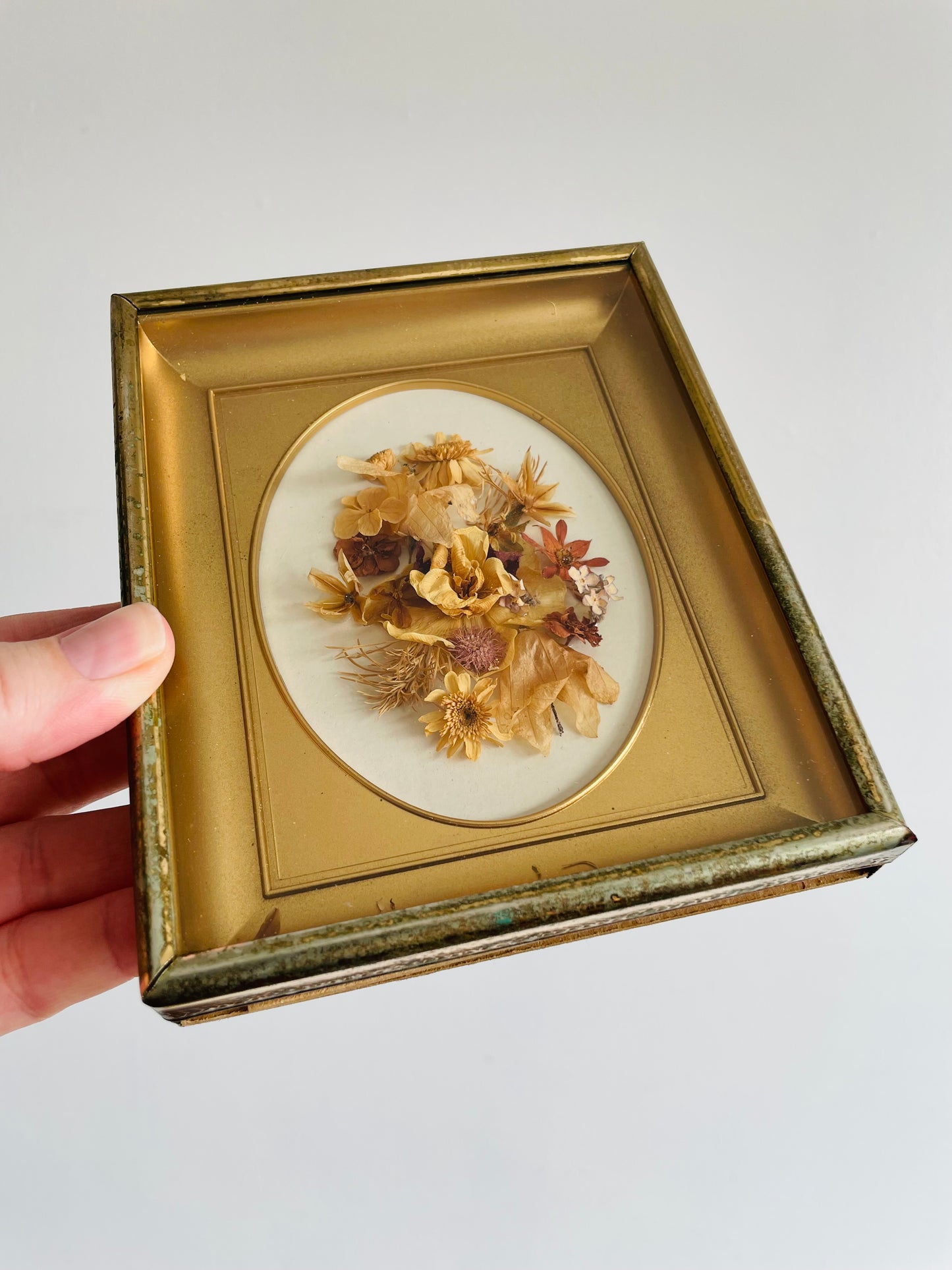 Dried Flower Arrangement - Oval Gold with Brass Shadow Box Frame - Easel Prop for Standing