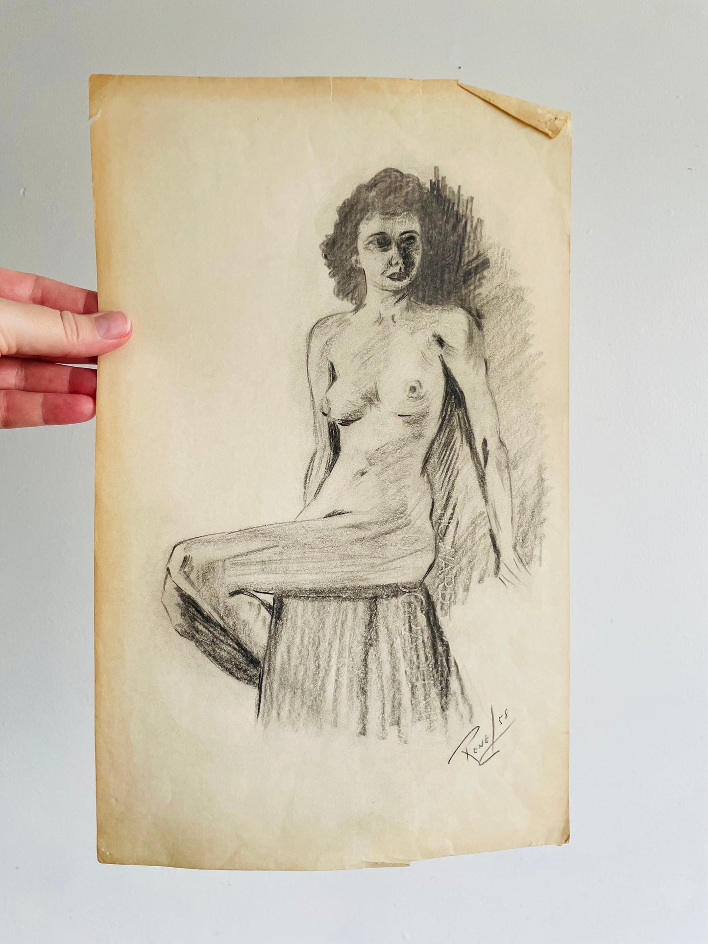 1958 Original Art Academic Nude Portrait Study Sketch on Paper of Woman - Signed Rene