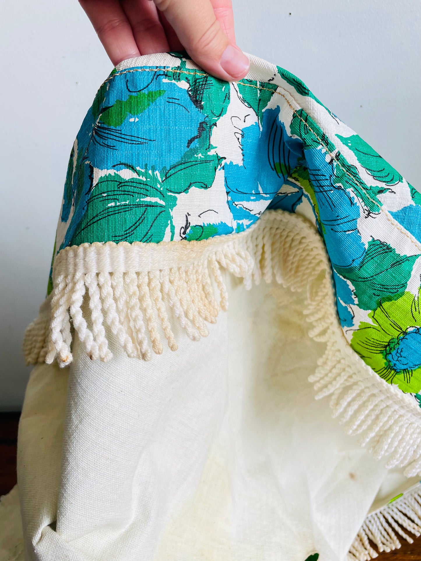 Vintage 1960s/70s Groovy & Fun Green & Blue Flower Power 44" Round Vinyl Patio Tablecloth with Umbrella Hole & White Braided Tassel Fringe