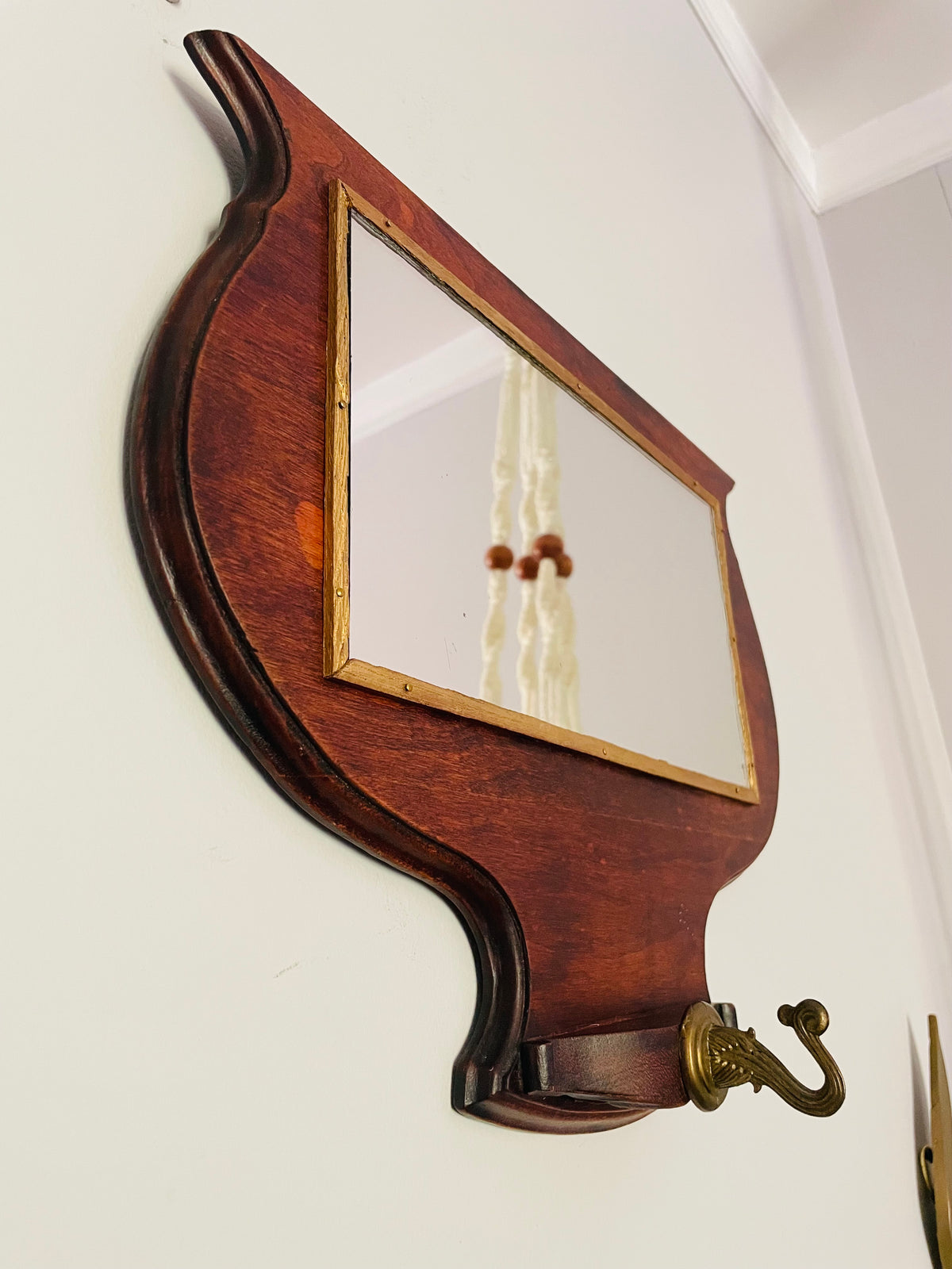 Vintage / Antique Wood Mirror with Gold Trim & Brass Hook for Hanging Items