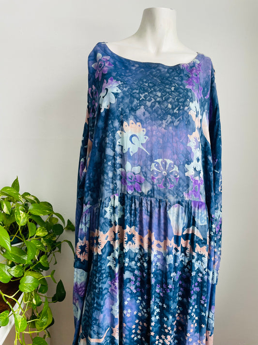 100% Rayon Maxi Dress with Pockets & Batik-Style Celestial Design - Made in Indonesia - Fits up to Size 4x
