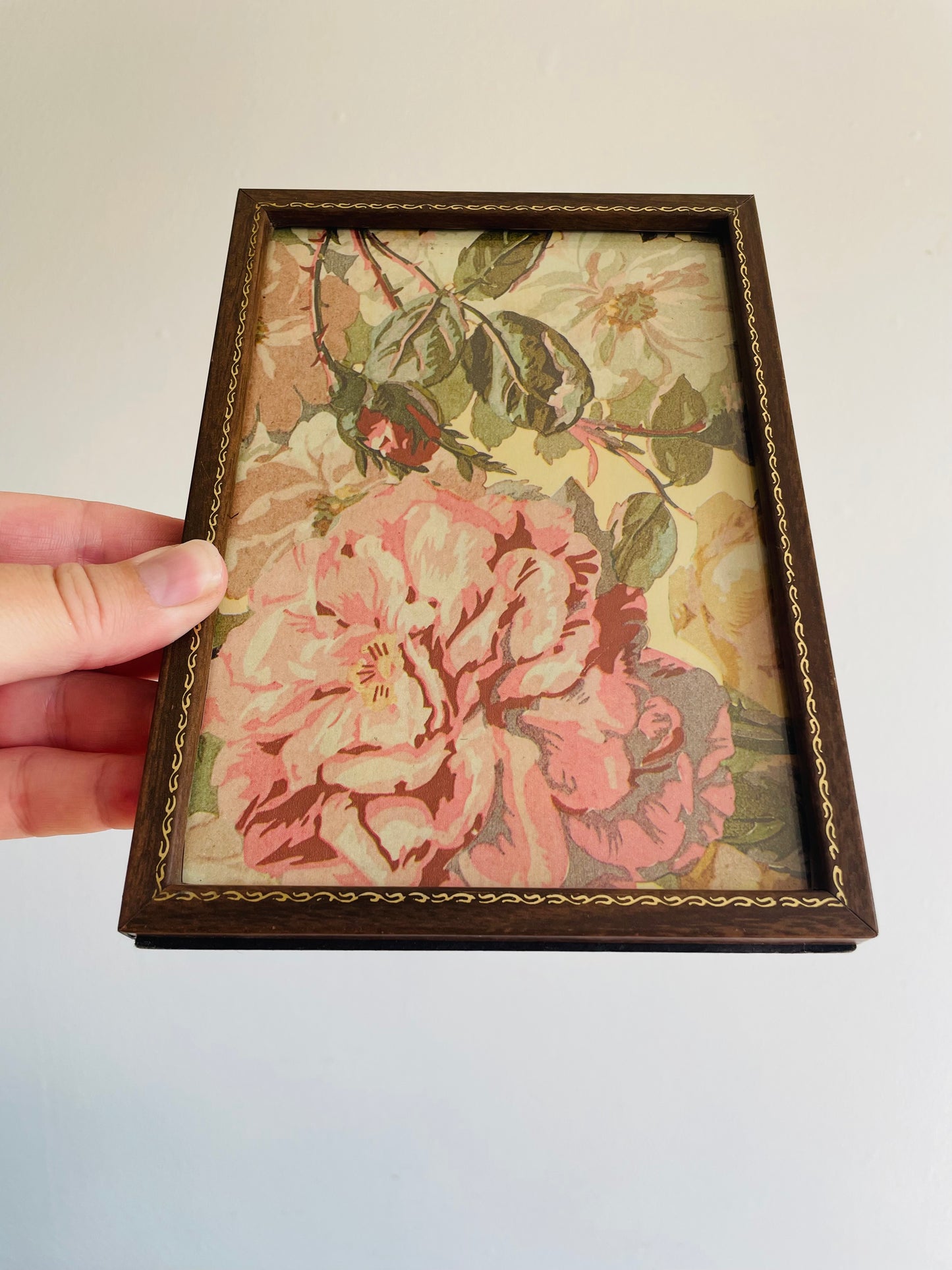 Brown & Gold Metal Picture Frame with Muted Floral Print - Can Prop or Hang