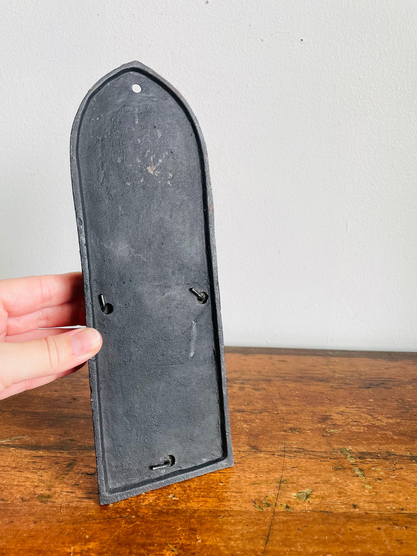 Vintage Cast Iron Wall Pocket Hanging Match Safe Holder with Flower, Barn & House Design