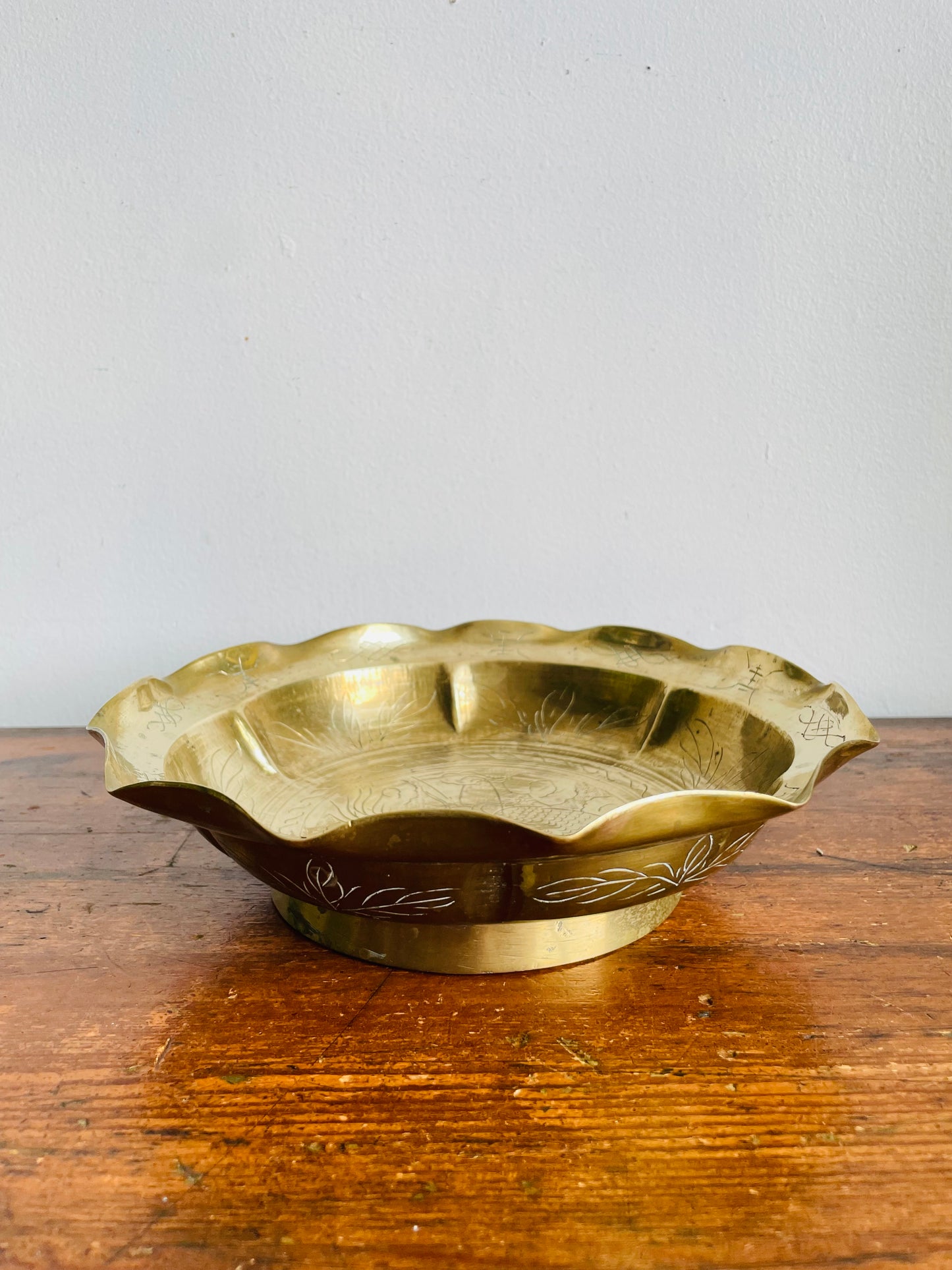 Vintage Solid Chinese Brass Footed Bowl with Etched Dragon Design