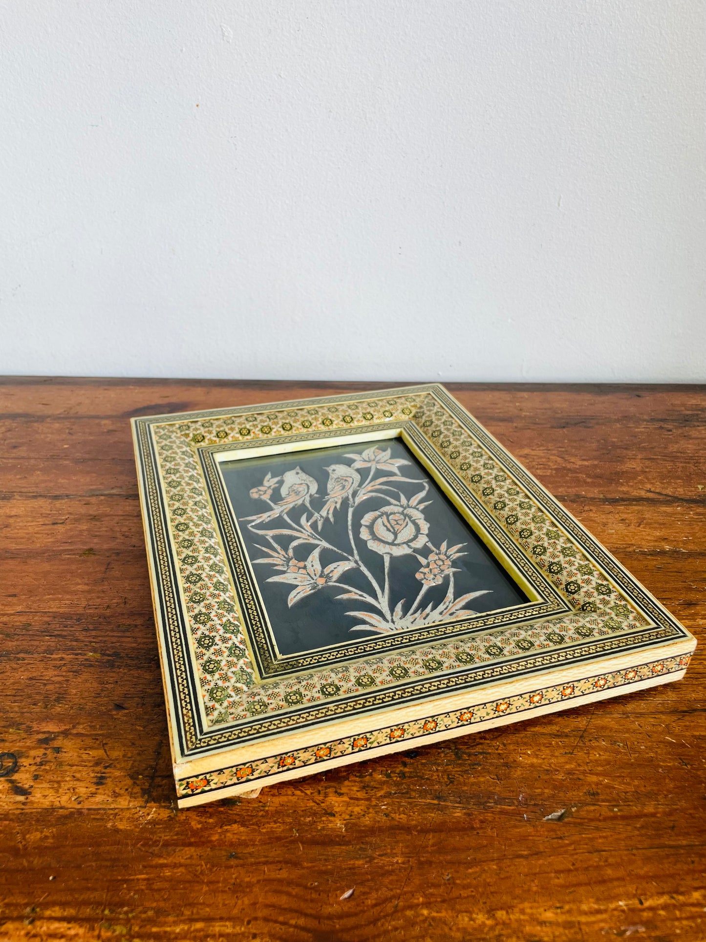 Vintage Persian Khatam Kari Marquetry Frame with Handcrafted Copper & Silver Inlay Picture of Birds & Flowers - Easel Backing