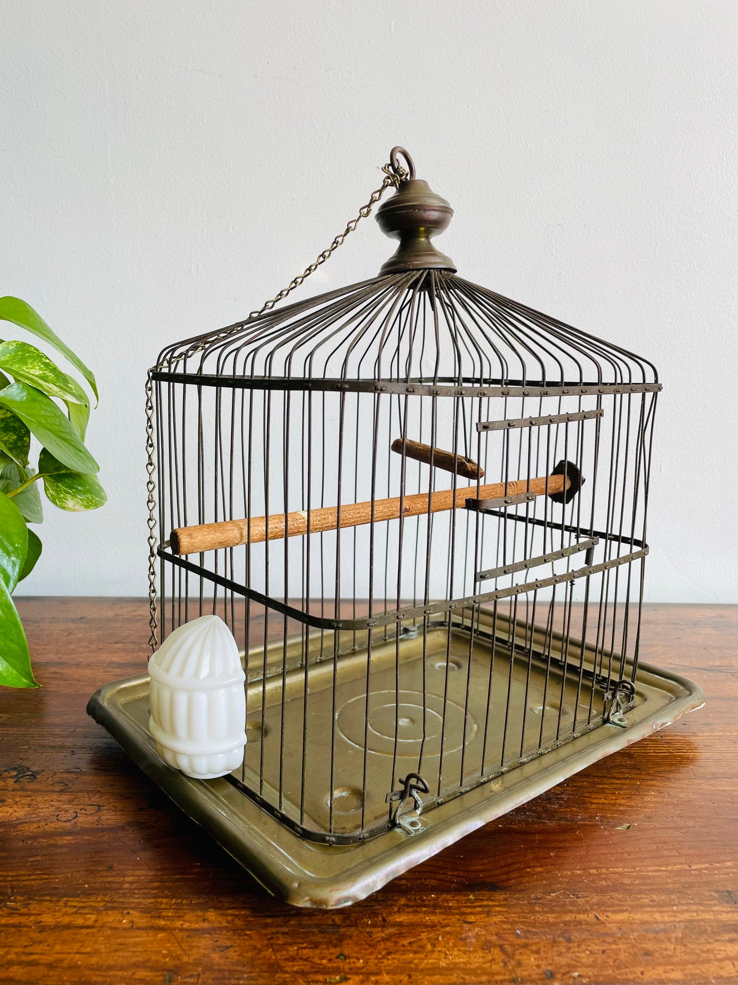 Antique Hendryx Brass & Metal Wire Bird Cage with Wood Perches & Milk Glass Food Dish - Art Deco Decor