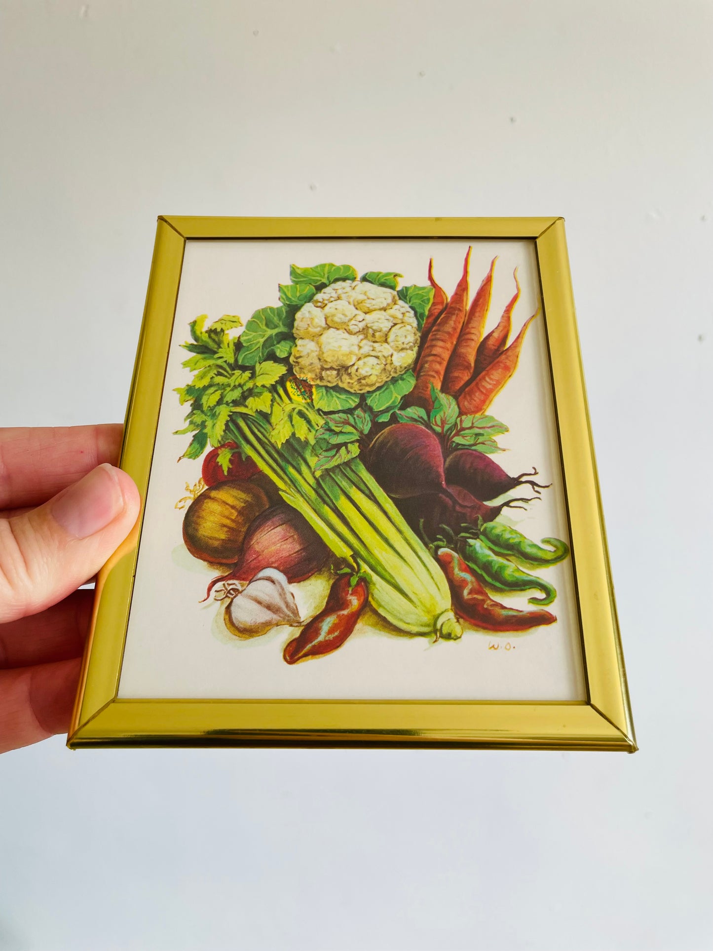 Vintage Small Vegetable Harvest Print Picture in Gold Metal Frame