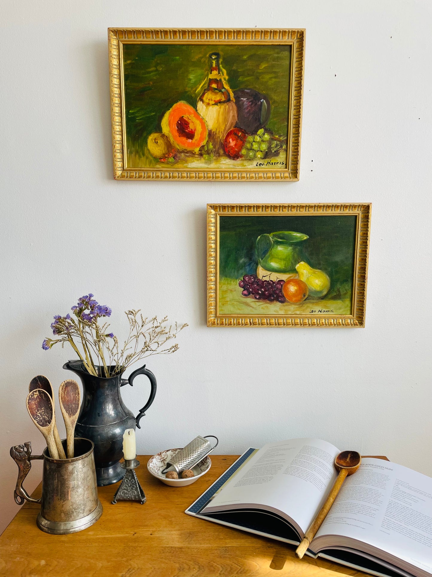 Vintage Original Art Painting of Still Life Scene with Fruit & Pottery Jug - Signed Leo Harris