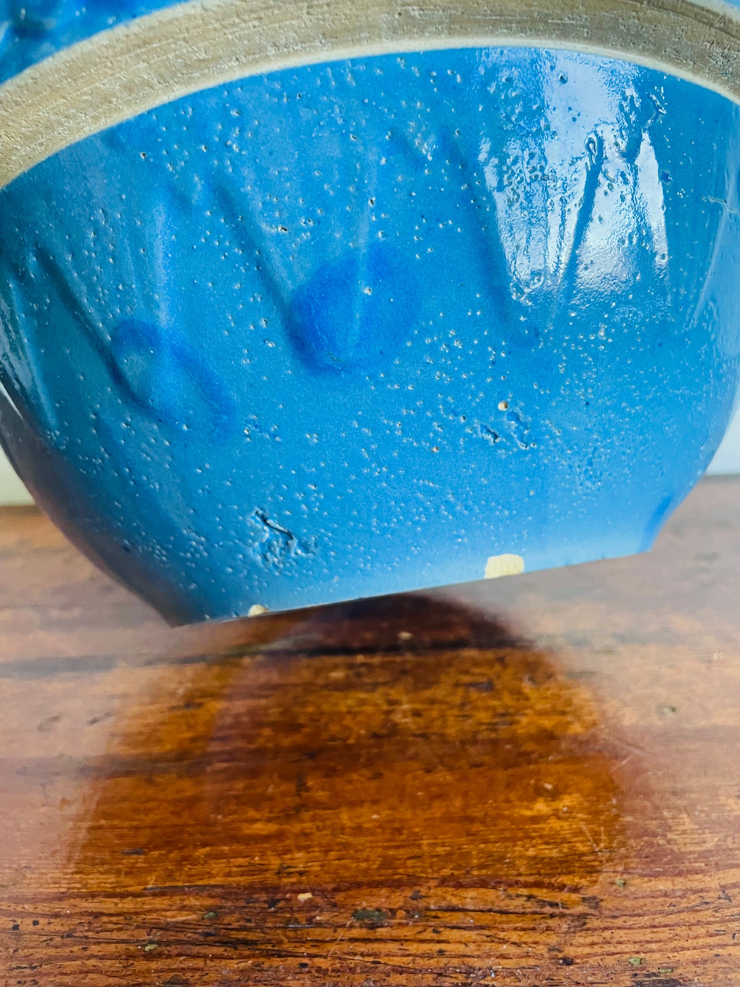 Large Blue Salt Glaze Stoneware Pottery Mixing Bowl with Picket Fence & Inverted Triangle Design