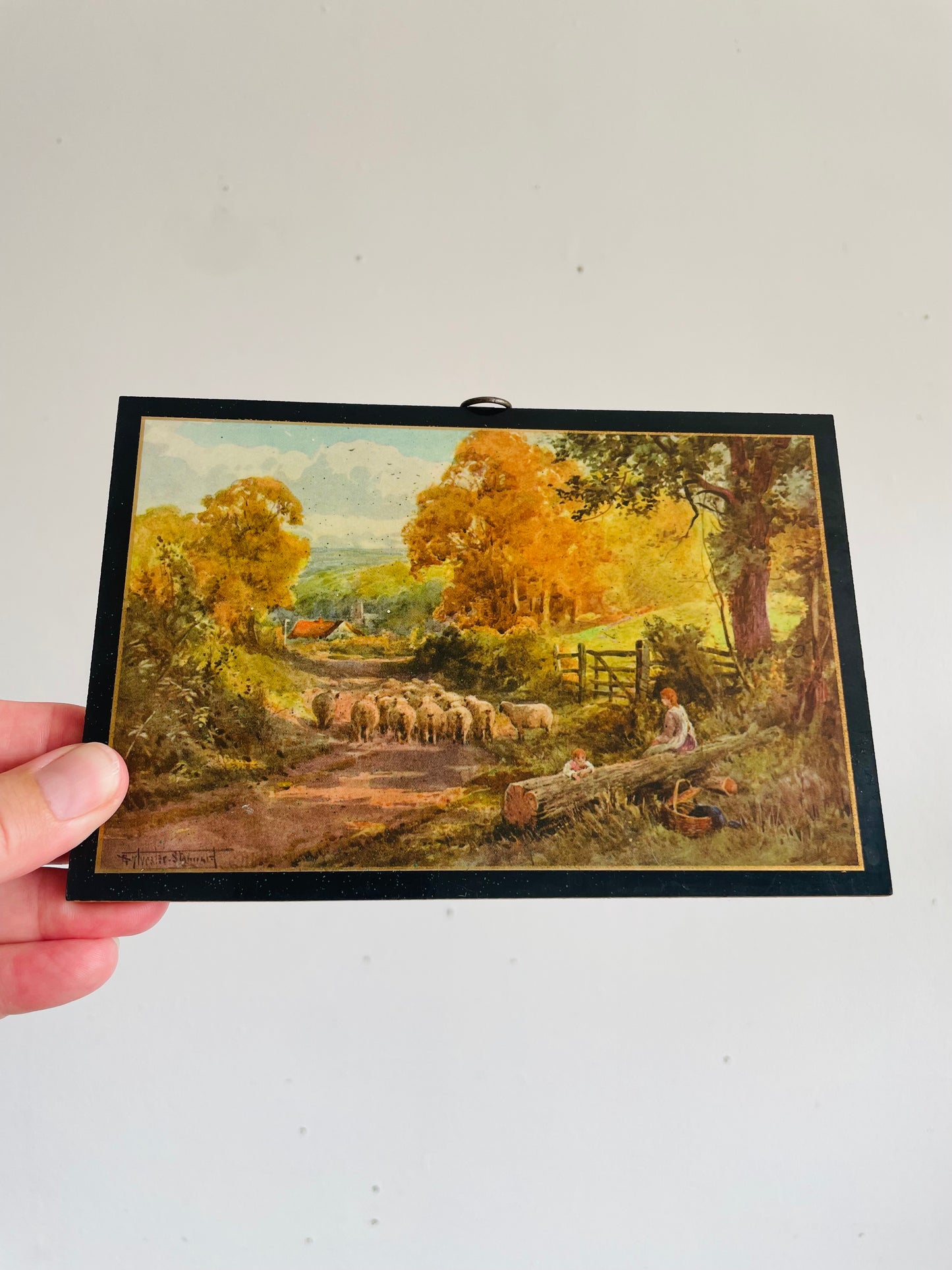 Vintage Print Picture on Wood Plaque with Country Road, Farm, Sheep, Mother & Child, Picnic Scene