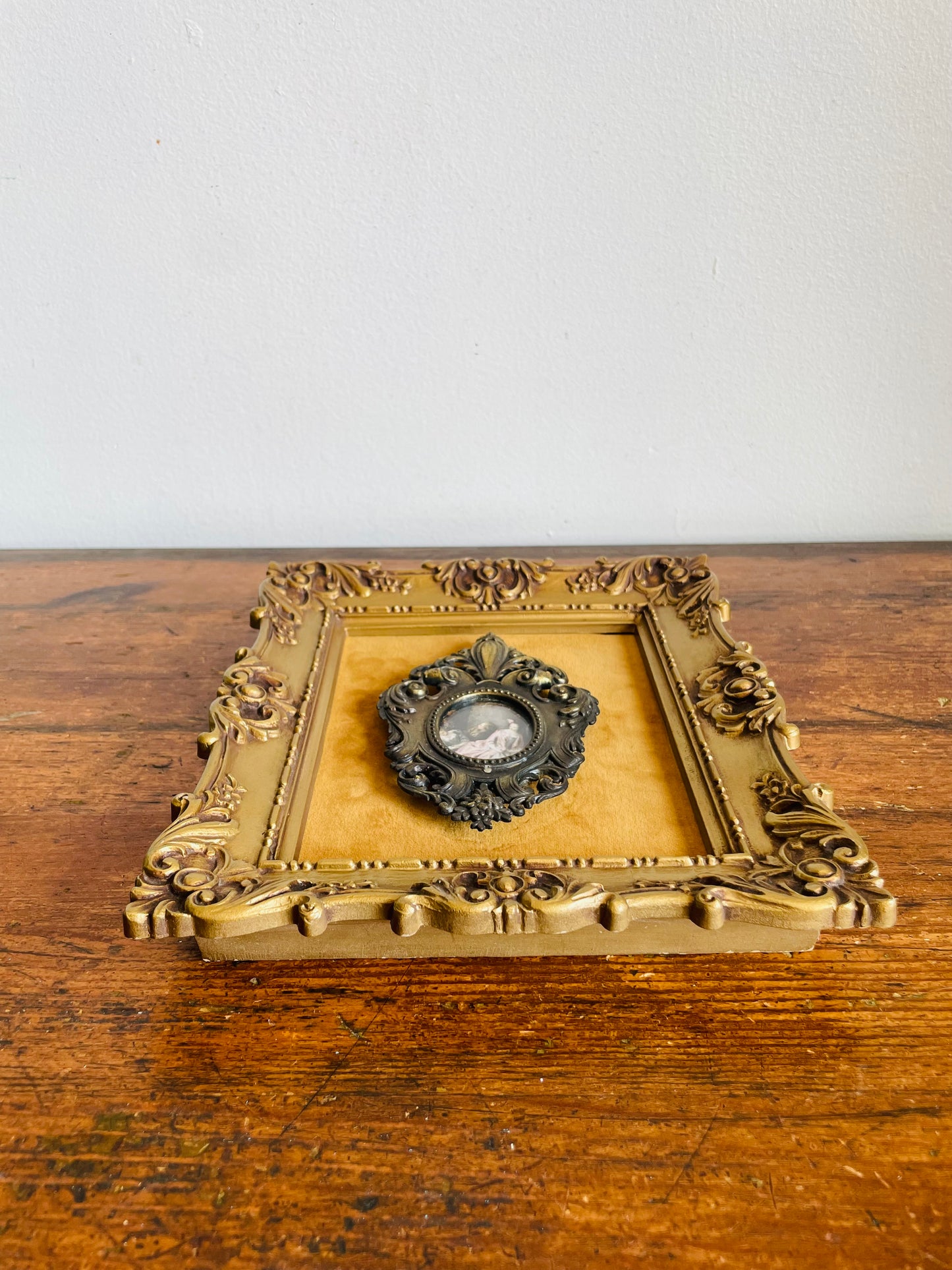 Vintage Ornate Gold, Brass & Mustard Yellow Felt Picture with Print Picture of Baroque Style Women in Dresses