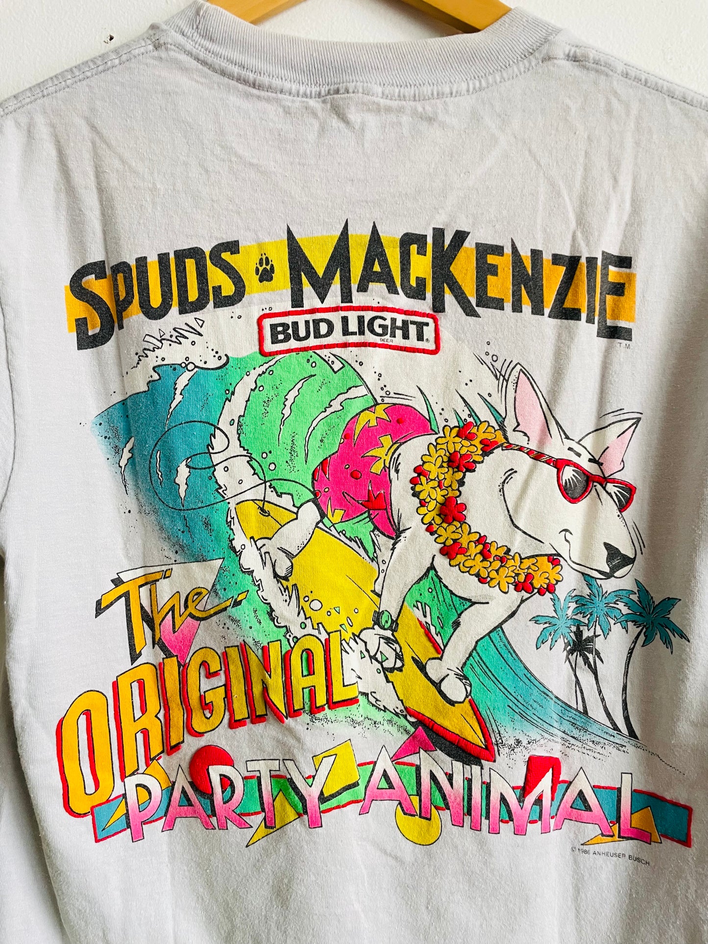 Vintage 1986 Spuds Mackenzie Bud Light Beer - The Original Party Animal T-Shirt - Tropical Surfing Bull Terrier Dog