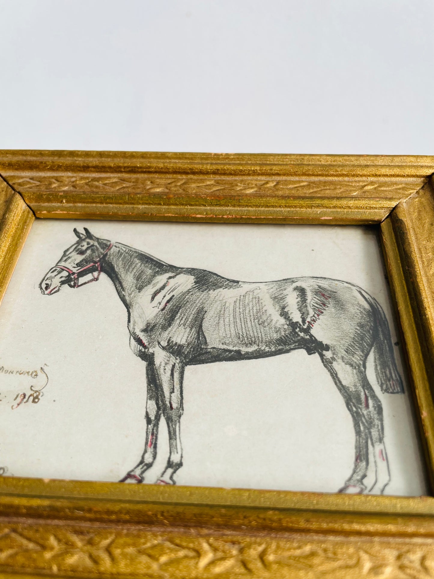 Antique Original Art Miniature Sketch Pencil Drawing Picture in Gold Wood Frame - Artist Signed - Dad's Horse - May 2, 1918