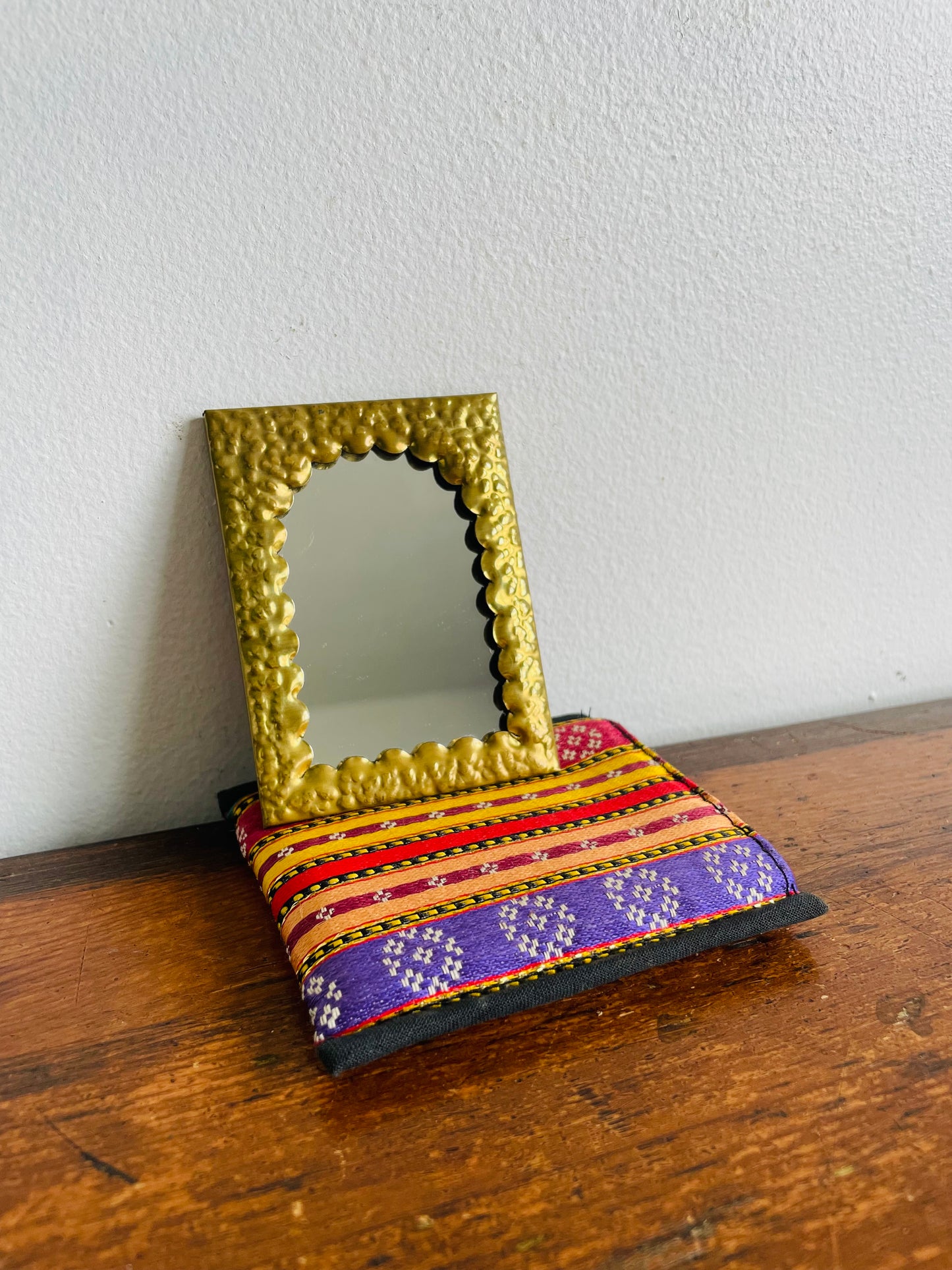 Pocket Sized Hammered Brass Mirror with Cloth Pouch