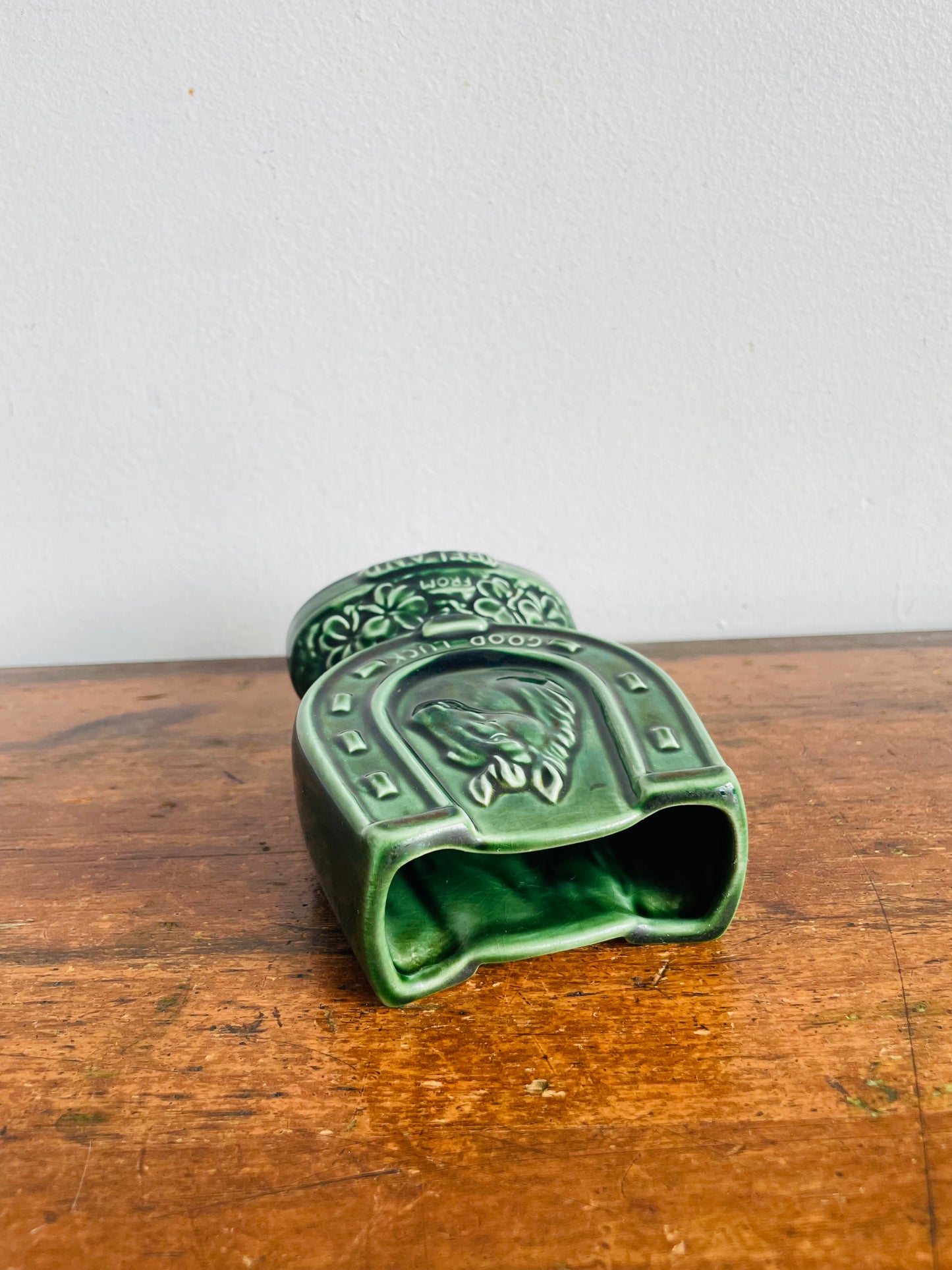 Vintage Green Sylvac 4110 Good Luck From Ireland Vase, Match, or Incense Holder with Horseshoe Horse Equestrian Design #1 - Made in England
