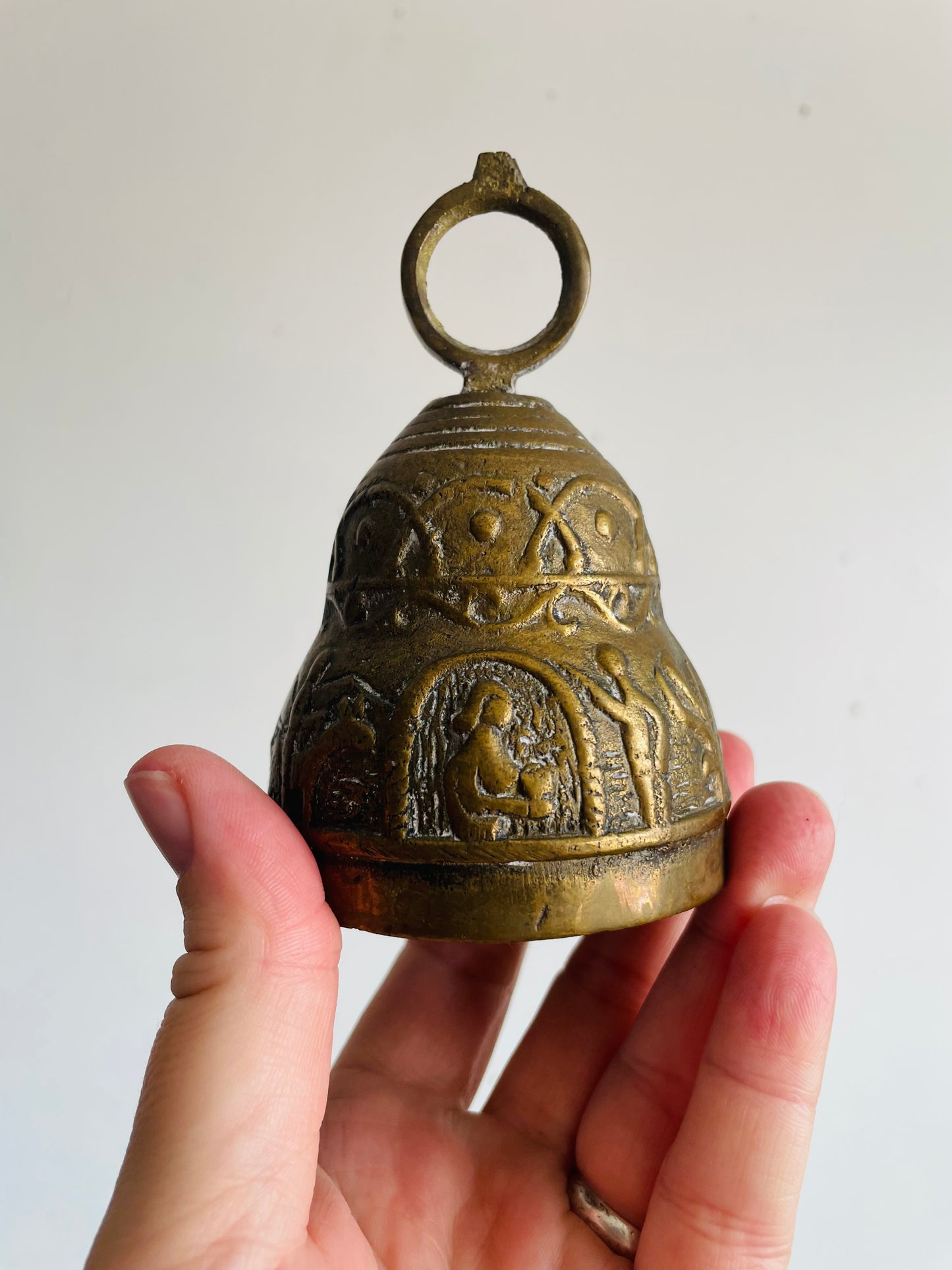 Vintage Heavy & Solid Brass Monastery Sanctuary Bell with Handle & Intricate Embossed Nativity Scene Design