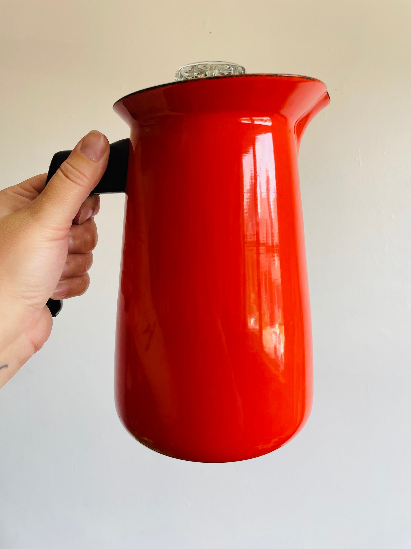 Mid-Century Modern Vibrant Orange Enamel Coffee Percolator or Tea Kettle