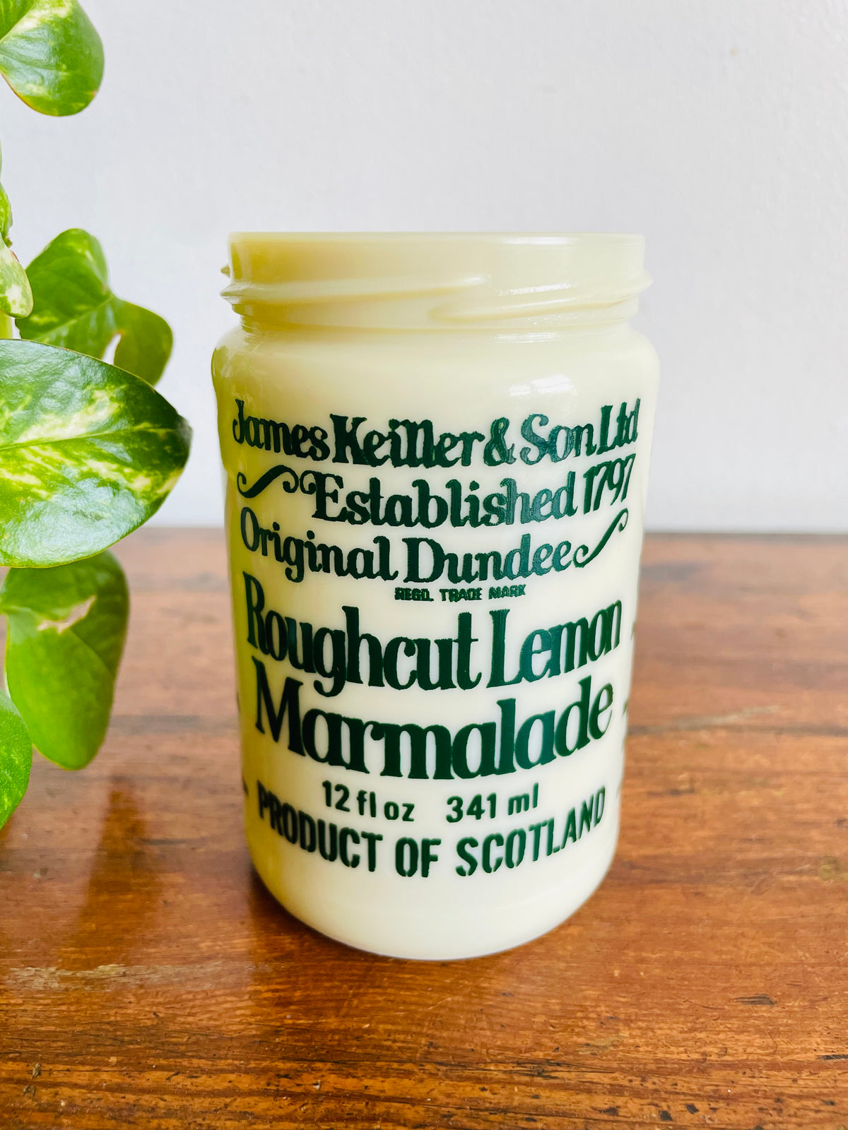 Vintage James Keiller & Son Ltd. Roughcut Lemon Marmalade Milk Glass Jar - Green Font In English & French for Canadian Distribution - Product of Scotland