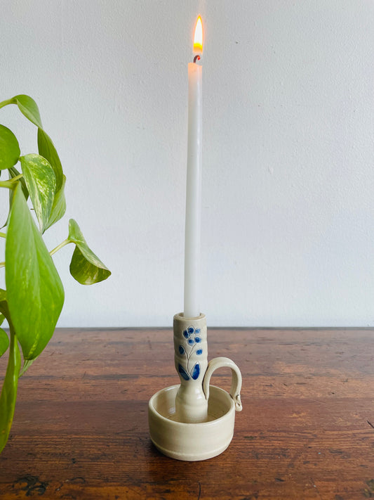 Studio Art Pottery Chamberstick Candle Holder with Painted Blue Flower