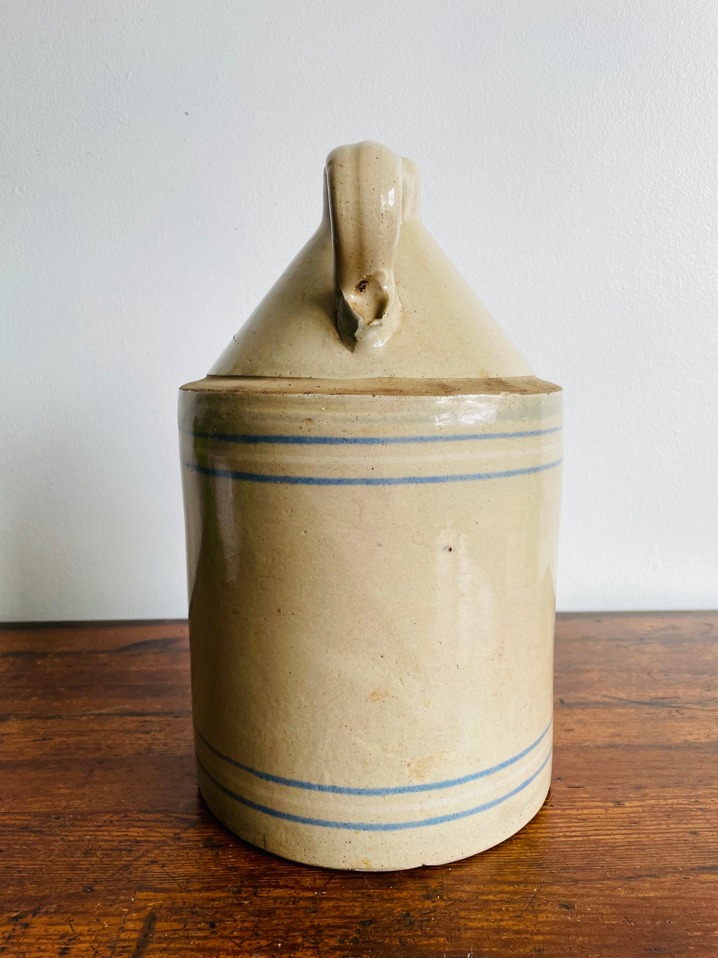 12.5" Tall Stoneware Crock Jug with Blue & White Bands and Handle