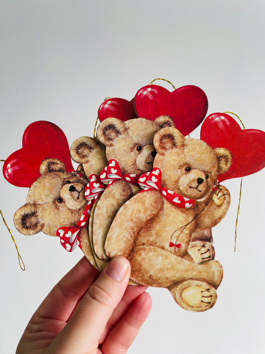 Adorable Cardboard Tags with Teddy Bears with Heart Bows Holding Heart Balloons - Made in Taiwan - Set of 4