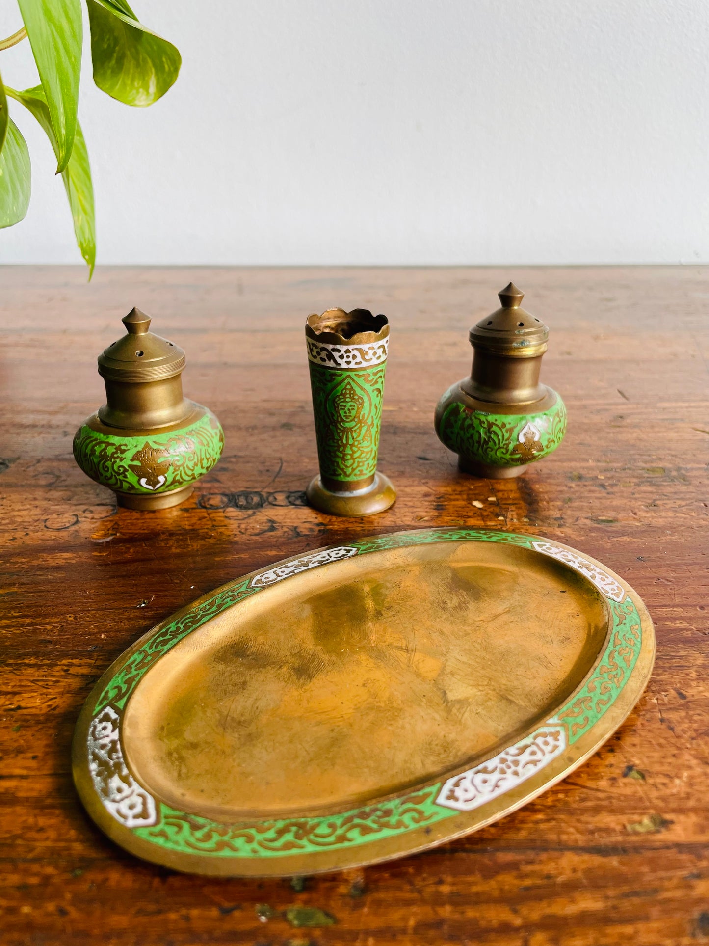 Brass & Enamel Table Set - Salt Shaker, Pepper Shaker, Toothpick Holder & Tray - Set of 4 Pieces